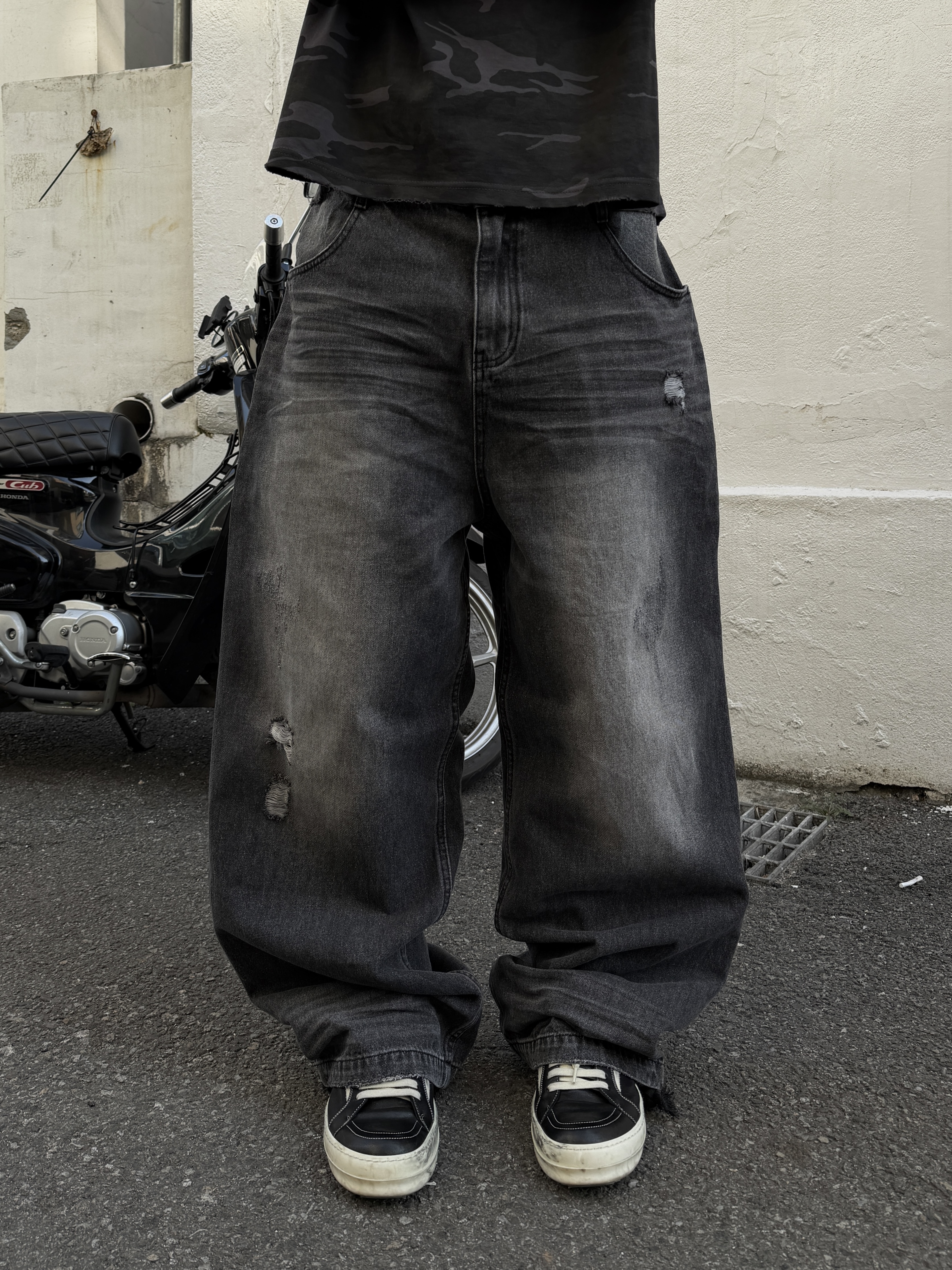 Baggy 雙層口袋 水洗裂痕 寬鬆牛仔褲