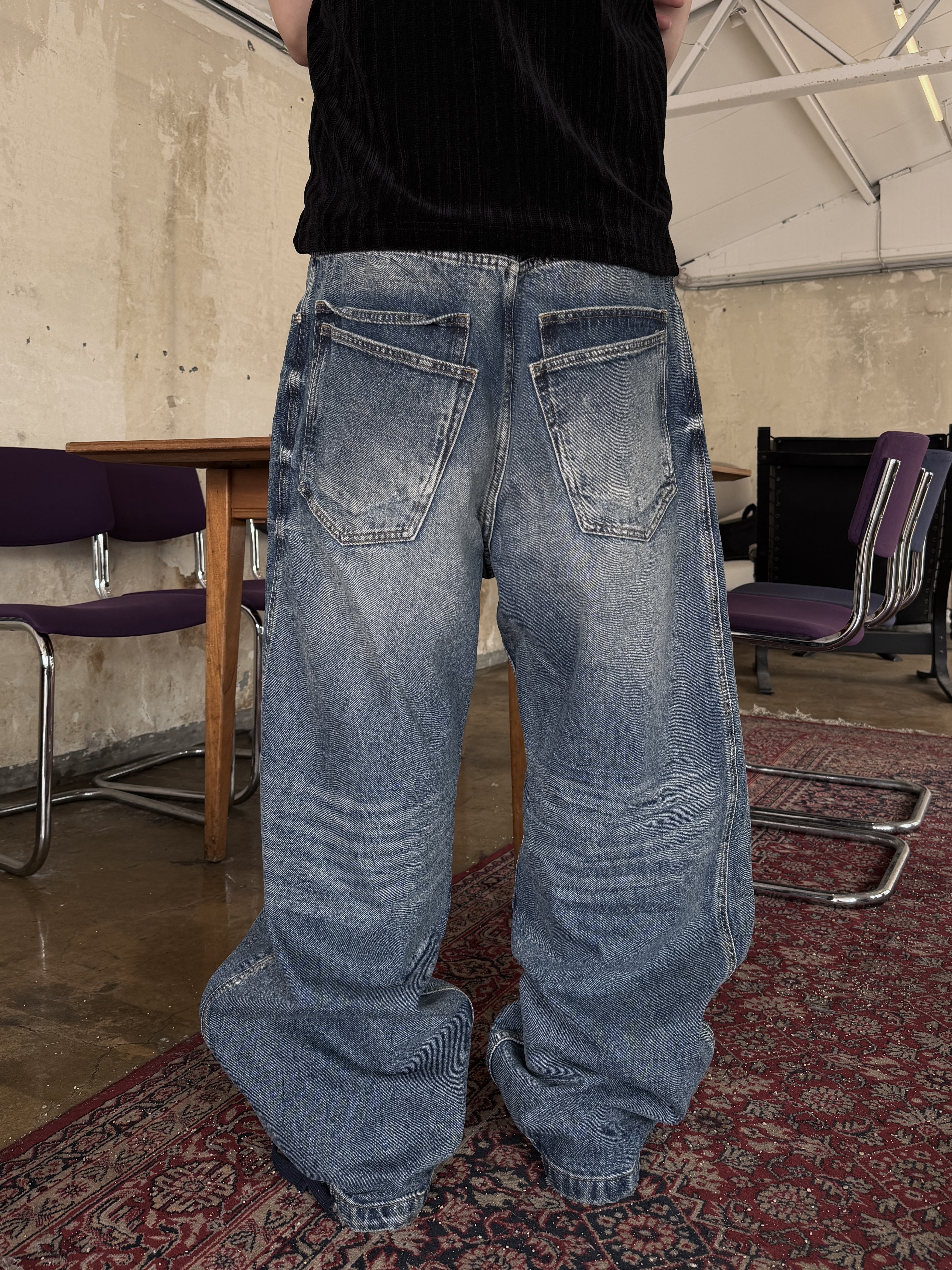 Baggy 雙層口袋 水洗裂痕 寬鬆牛仔褲