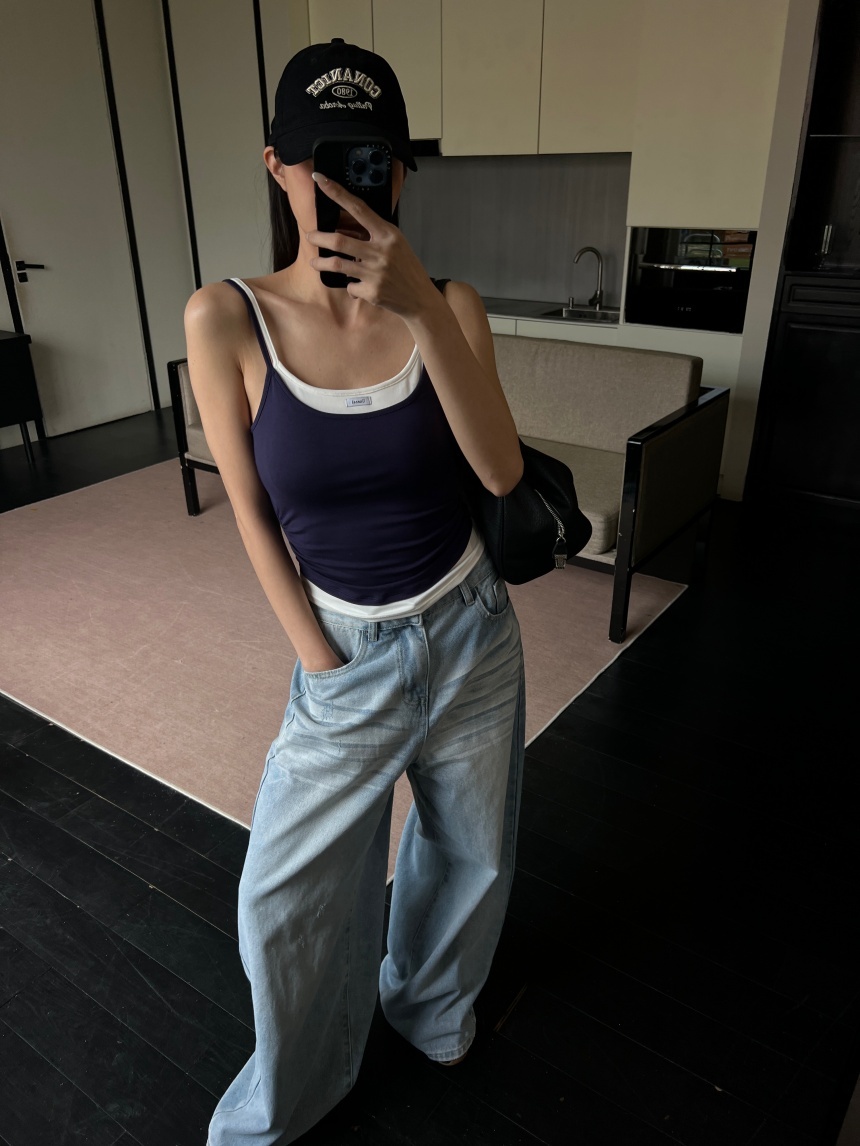 附胸墊雙肩帶假兩件背心*4色