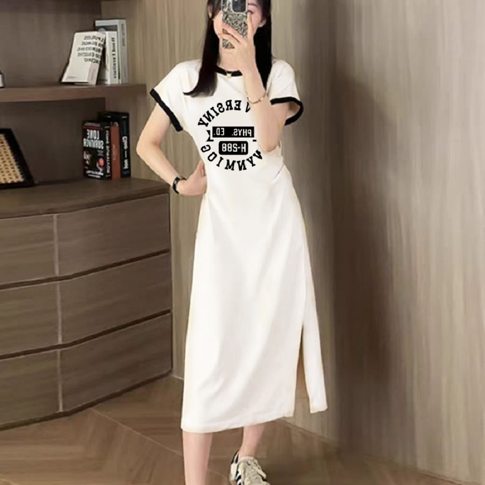 【ASister 小姊姊】AS2399#女裝｜休閒洋裝☆冰絲*撞色領袖英文字母*側開叉連身裙(2色 M-2XL)