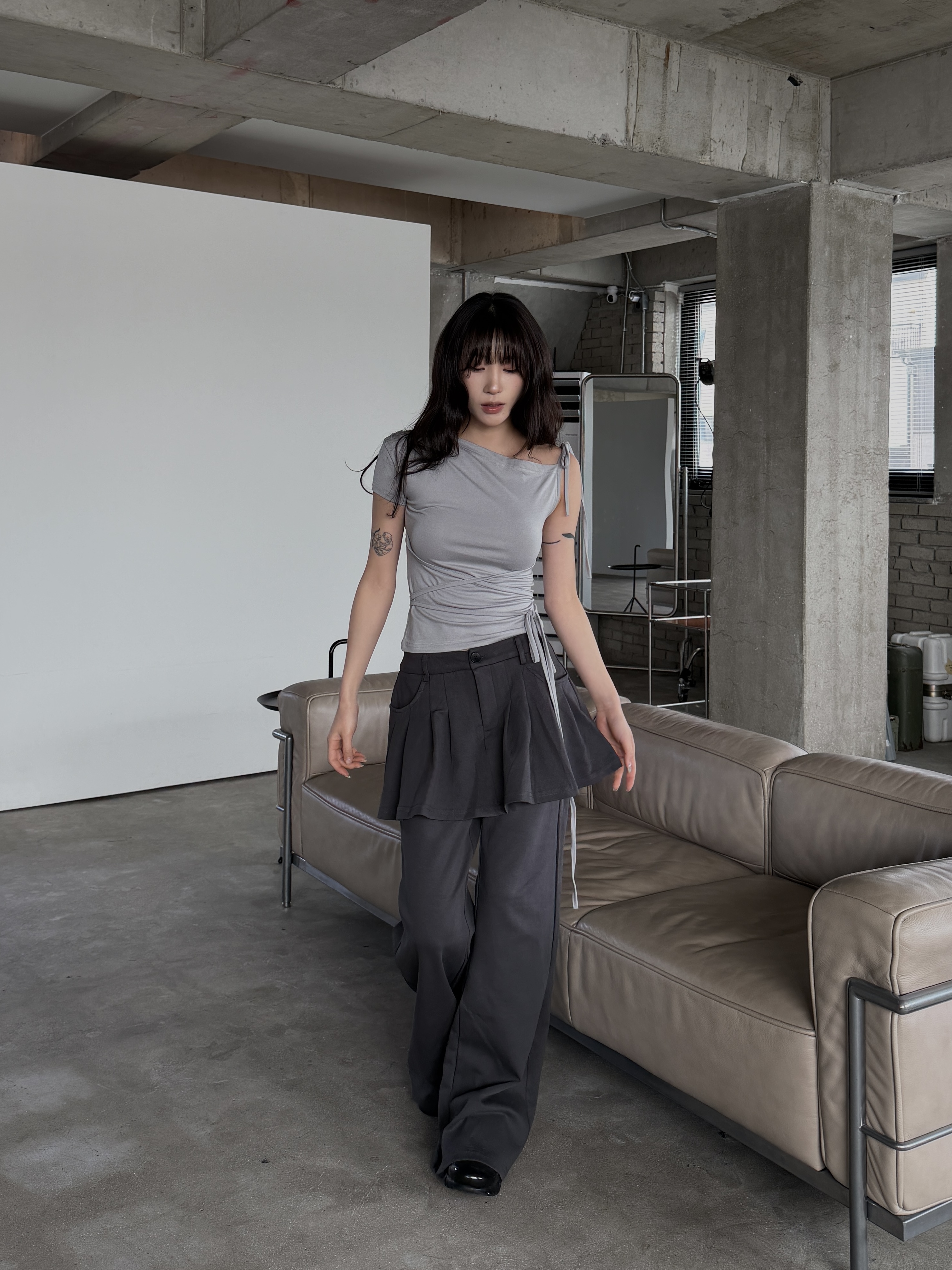 百褶層次 拼接寬鬆 太空棉裙褲