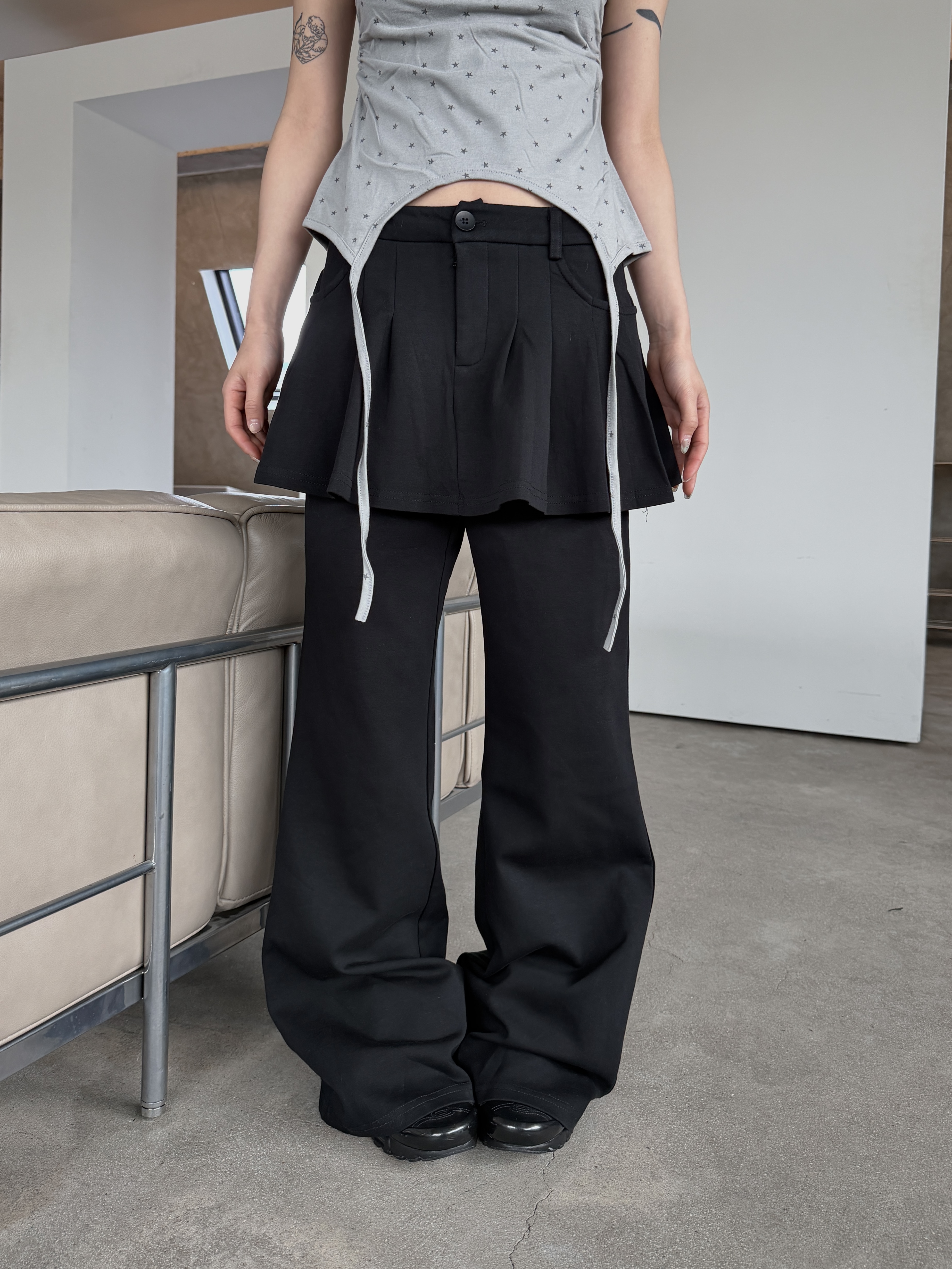 百褶層次 拼接寬鬆 太空棉裙褲