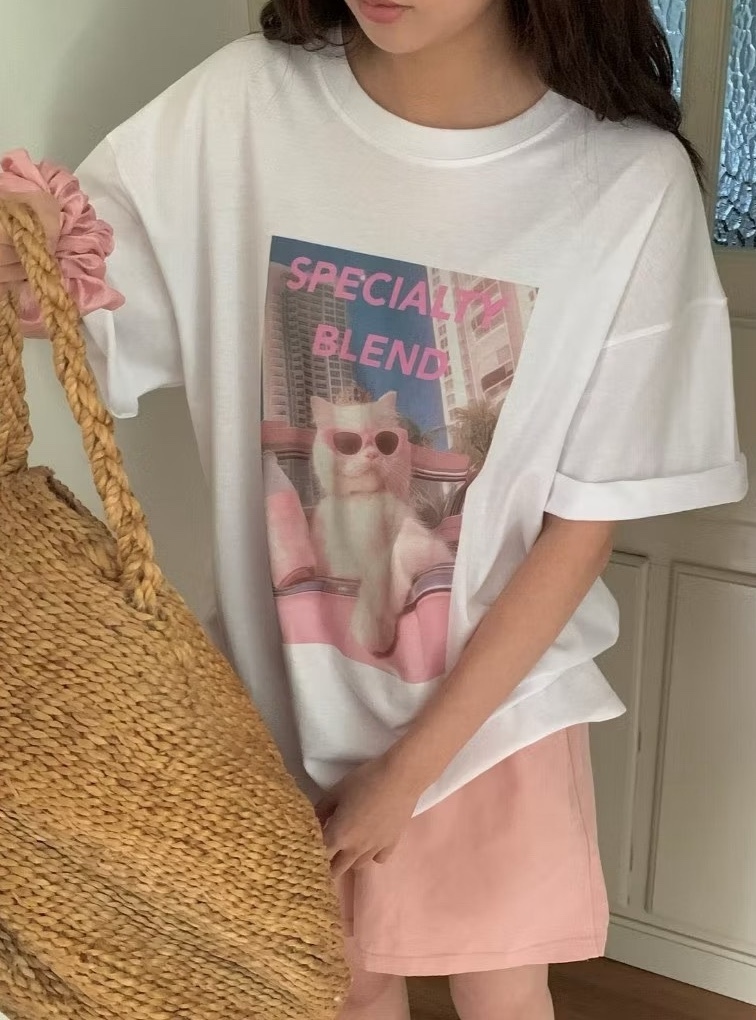 粉字墨鏡貓大廈圖案棉質衣
