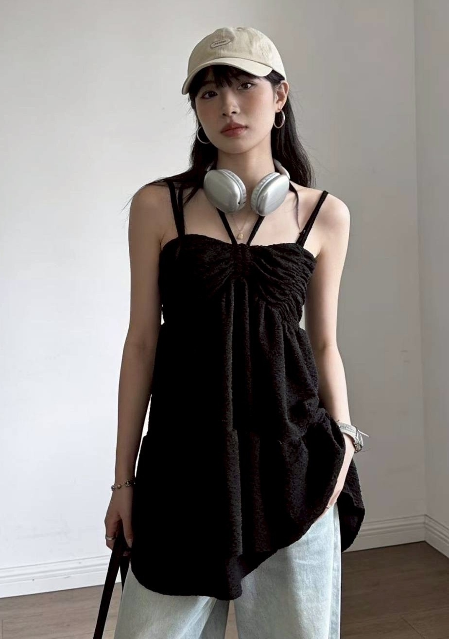 前抽繩泡泡紋細肩短洋