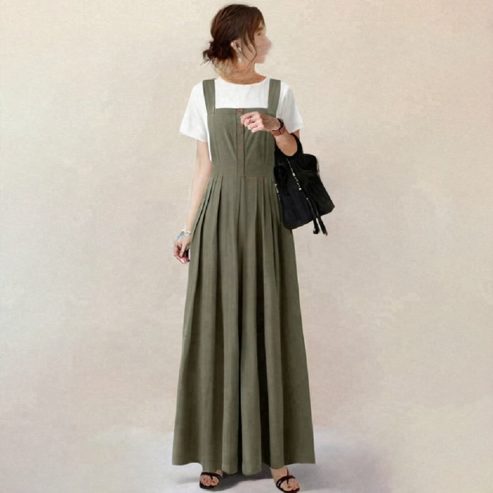 【ASister 小姊姊】AS2401#女裝｜洋裝☆無袖前方領後蝴蝶結綁帶褶皺過膝連身裙(綠色 S-L)