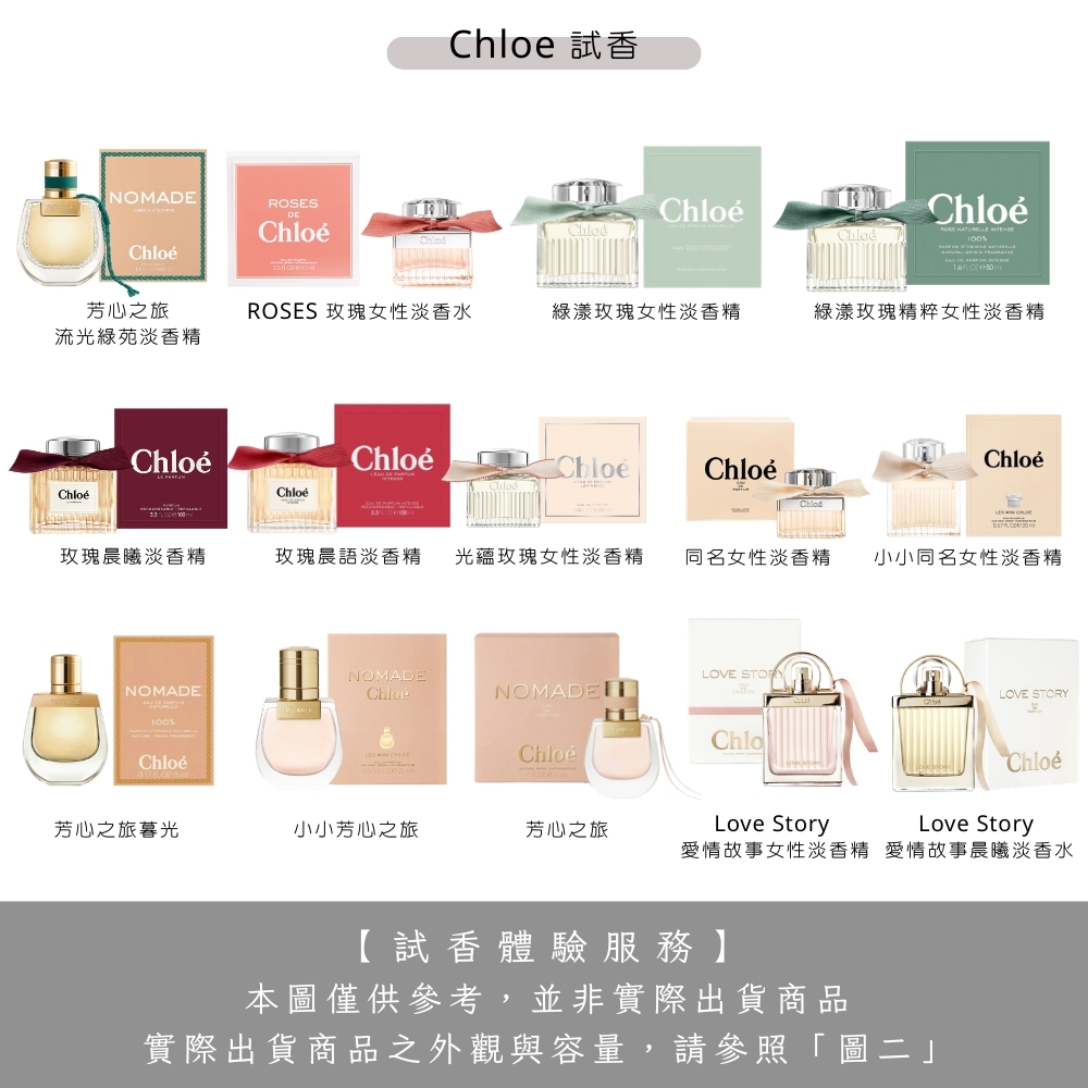 【試香體驗服務】Chloe 玫瑰女性/芳心之旅/光蘊玫瑰/愛情故事/玫瑰晨語/綠漾玫瑰/流光綠苑 2ml 試香-任選