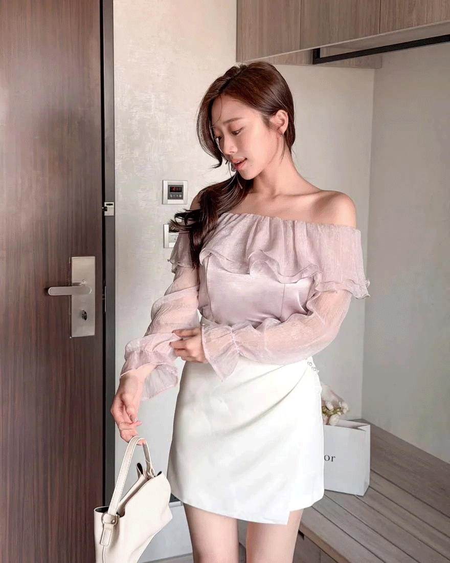 LINA LINA貴氣優雅珍珠滾邊打褶斜擺褲裙-象牙白S-XL