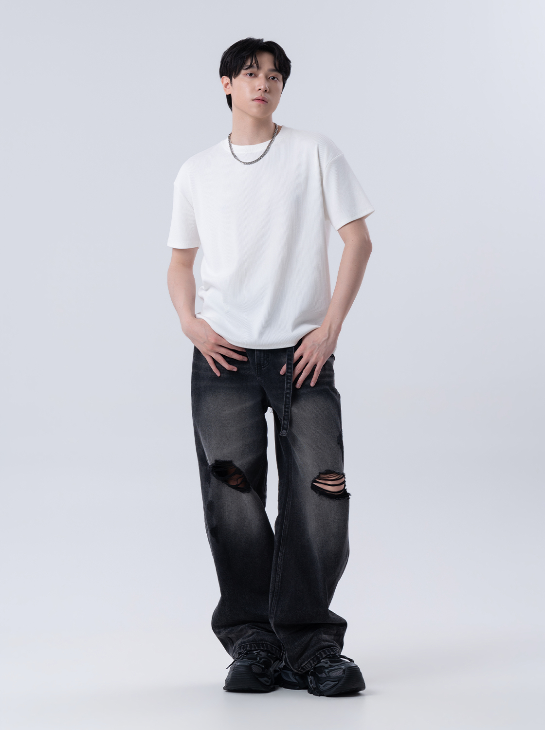 復古割破附腰帶超寬直筒褲