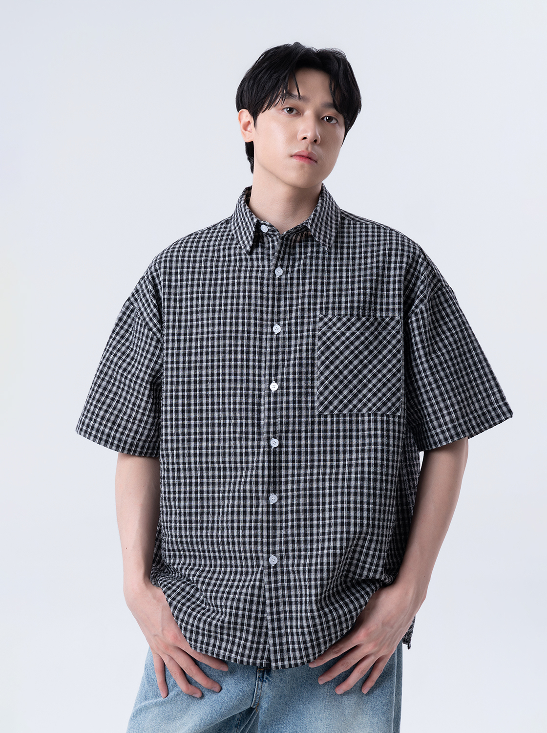 復古小格紋短袖襯衫