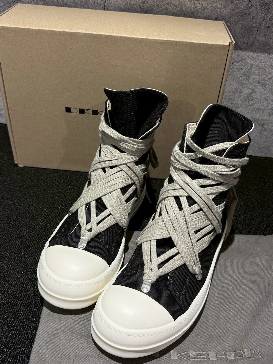 In stock at a discounted price, Rick Owens DRKSHDW Crazy Strap Classic White Head High-Top