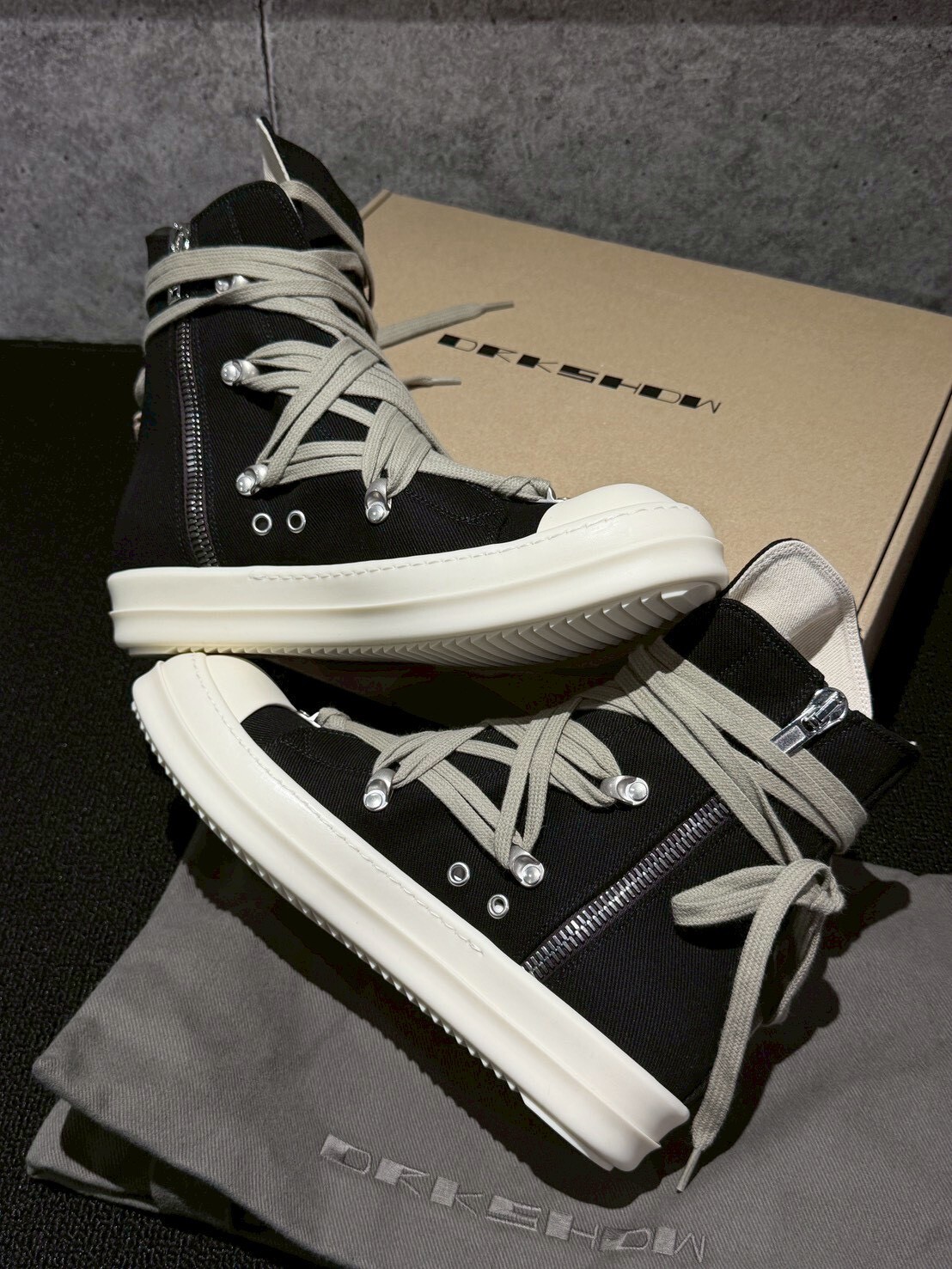 In stock at a discounted price, Rick Owens DRKSHDW Crazy Strap Classic White Head High-Top