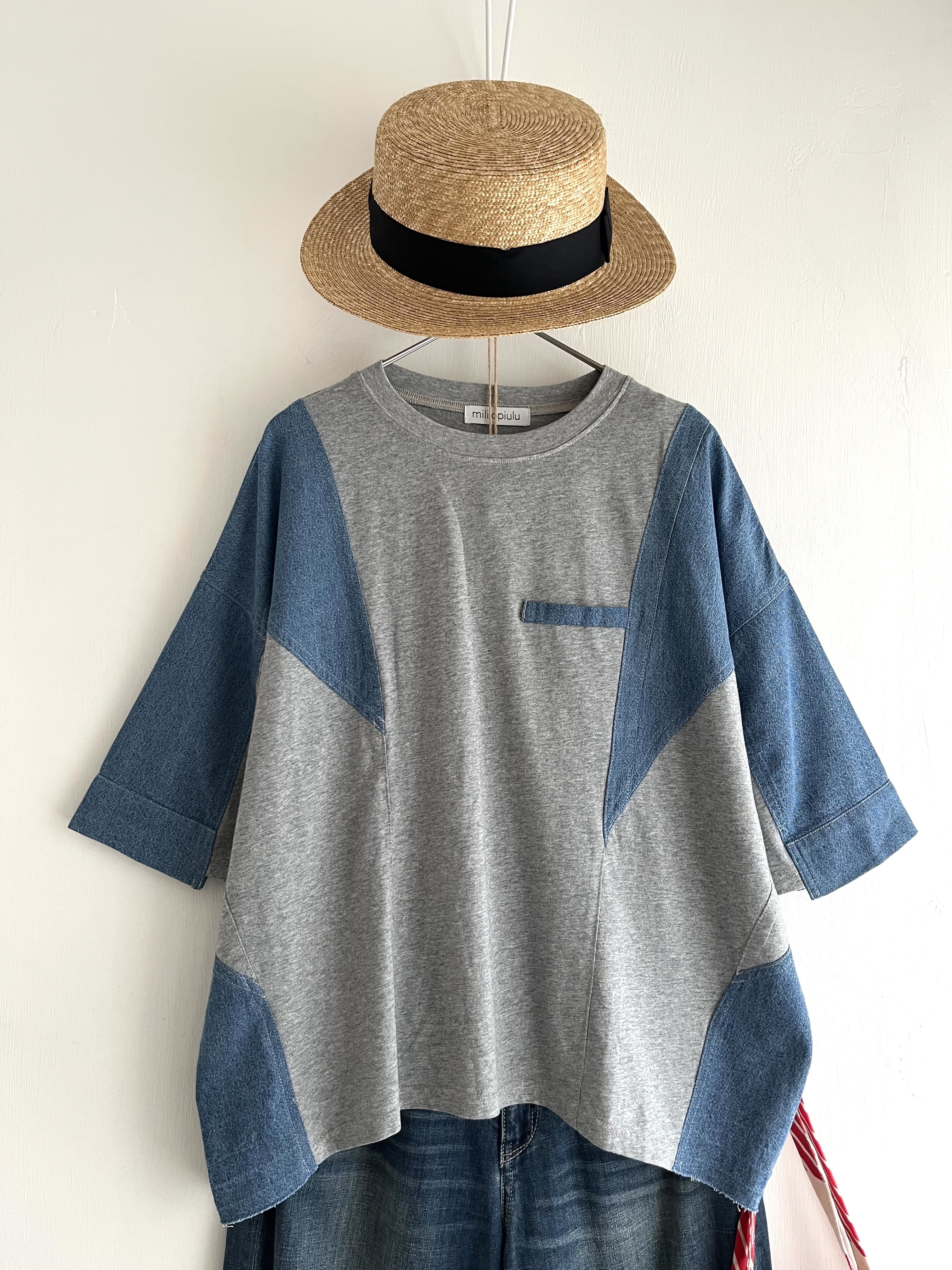 mililopiulu灰色拼牛仔布top