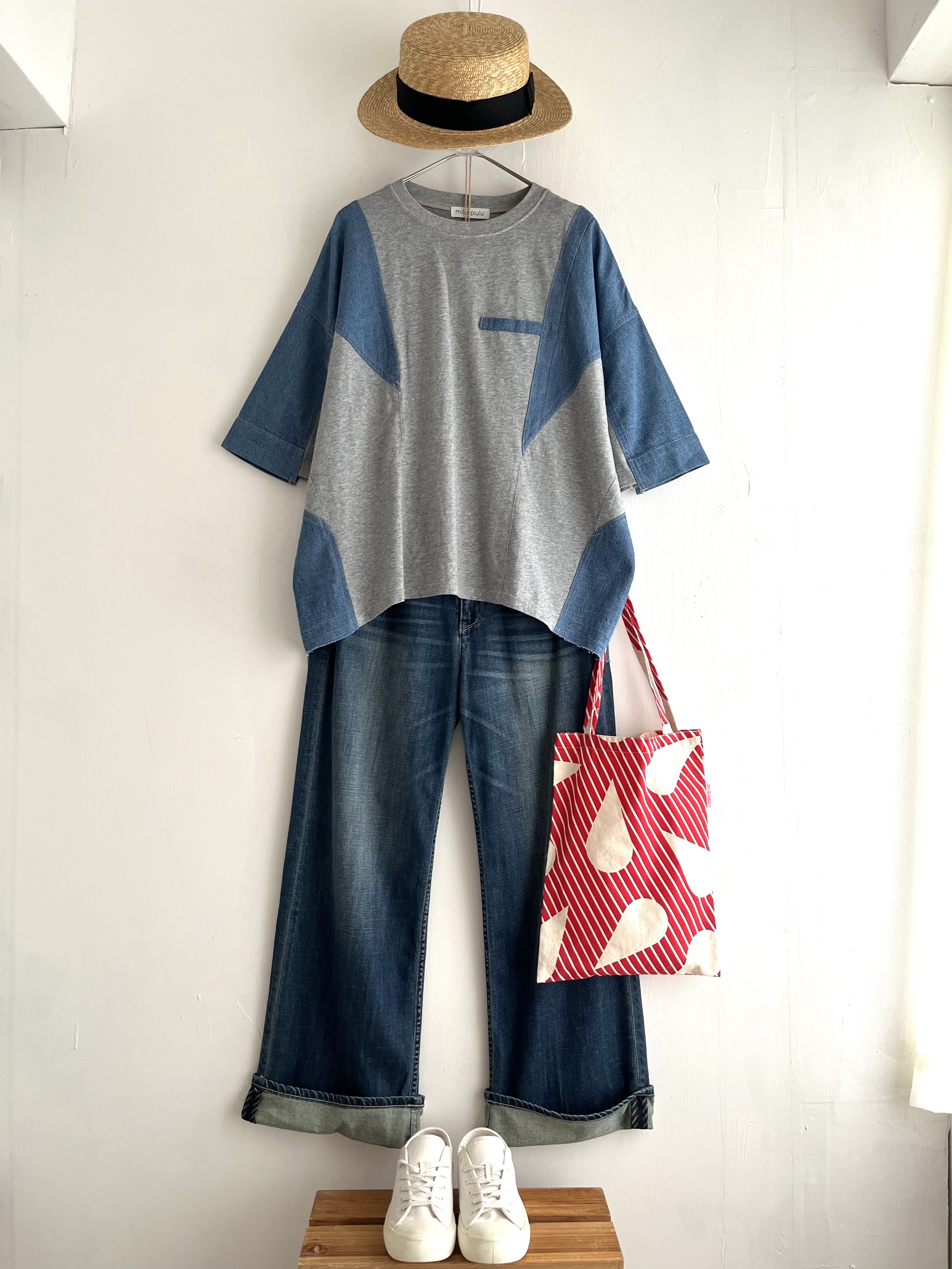 mililopiulu灰色拼牛仔布top