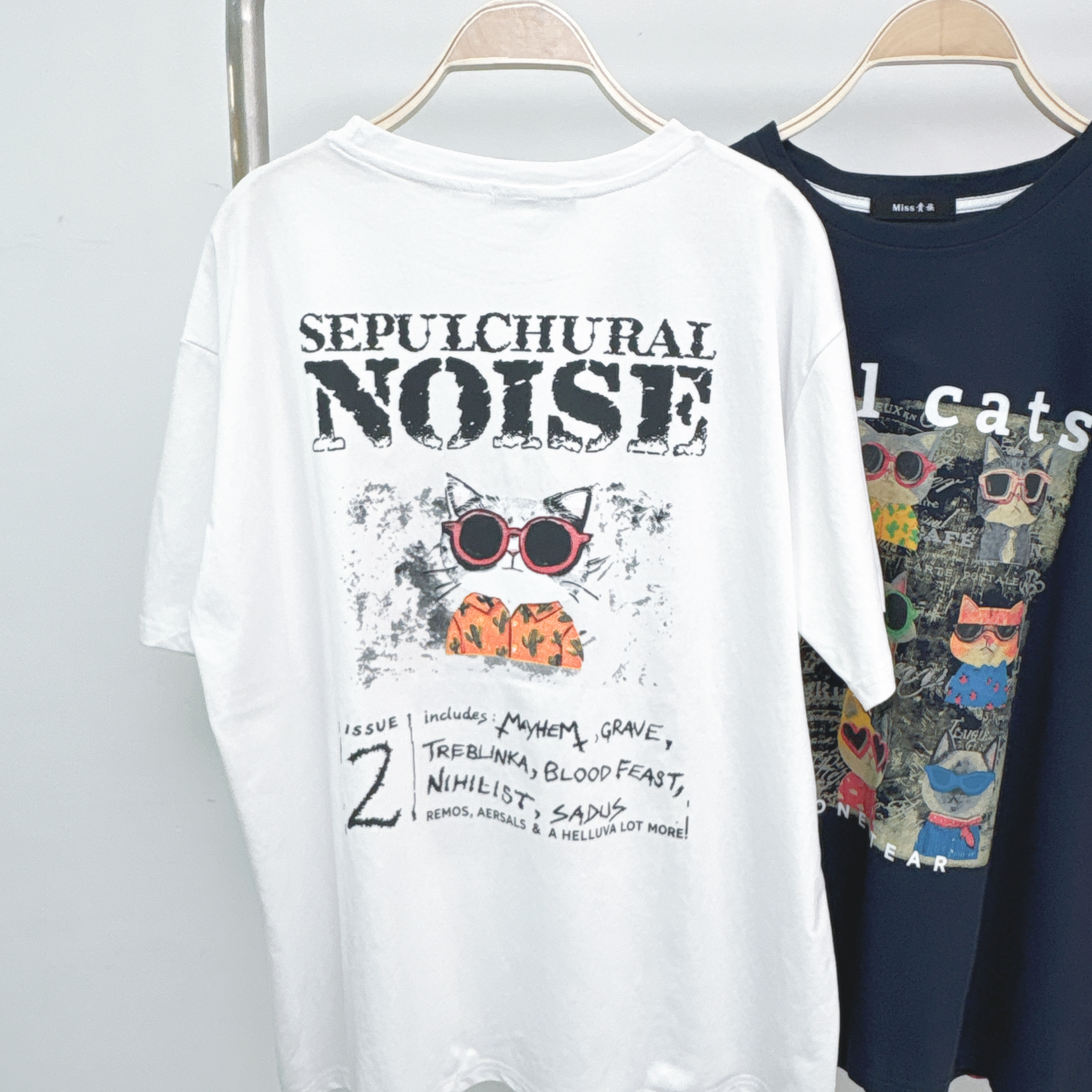 【預訂】前後燙圖9格黑超貓貓做舊棉TEE (T76-T79)