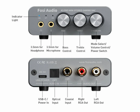 Fosi Audio K5 Pro DAC 平衡遊戲解碼耳擴 高音和低音控制按鍵 它可以用作PC/Mac的前置放大器或音量控制