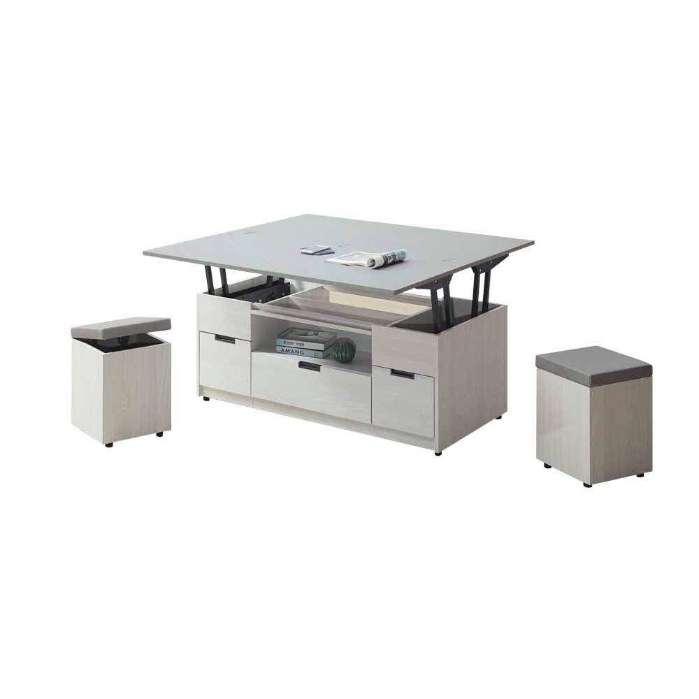 柏蒂家居-班諾4尺三抽仿石面升降功能大茶几/餐桌-折疊大桌面-附收納椅凳二入