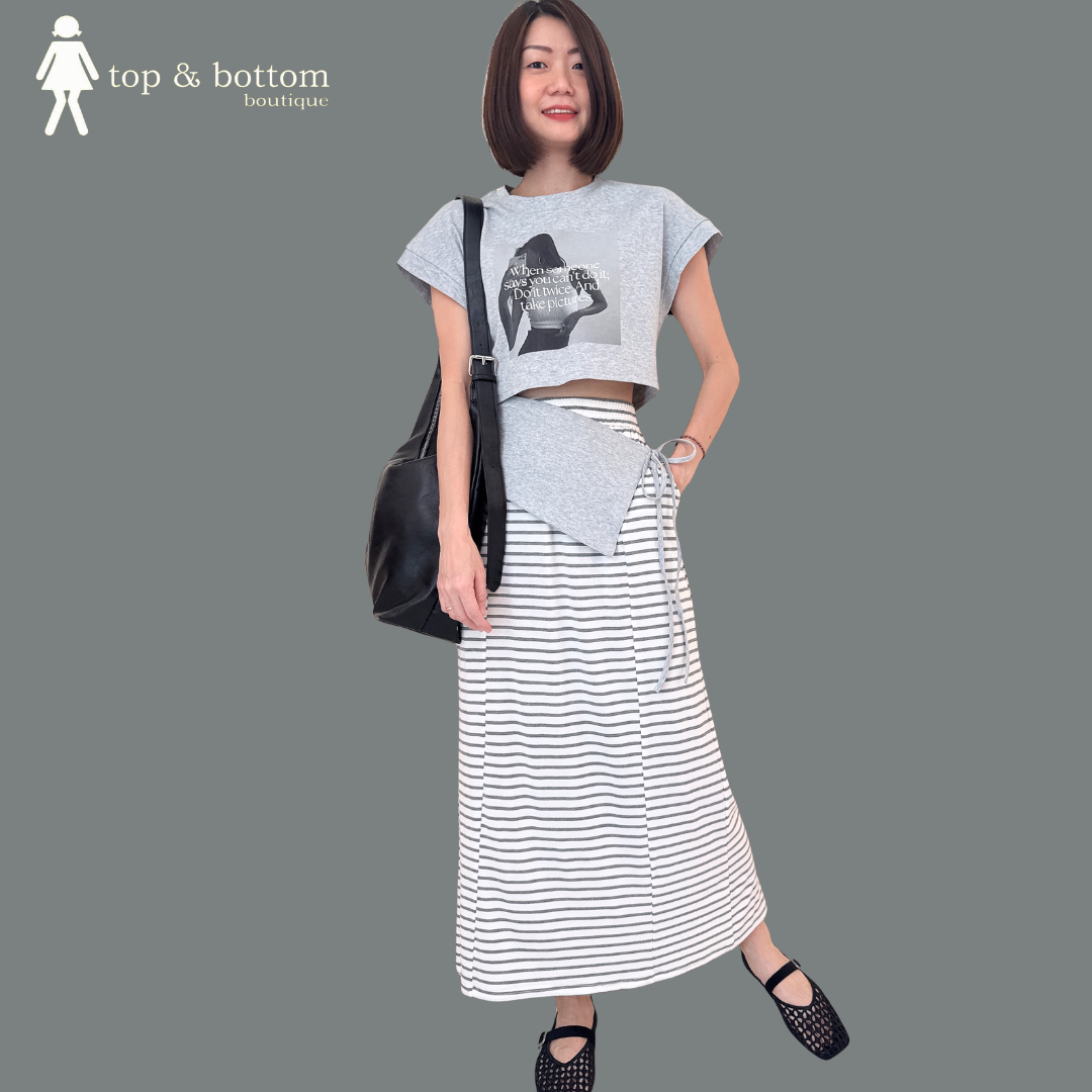 PRINTED TEE & STRIPED PENCIL SKIRT SET SUIT