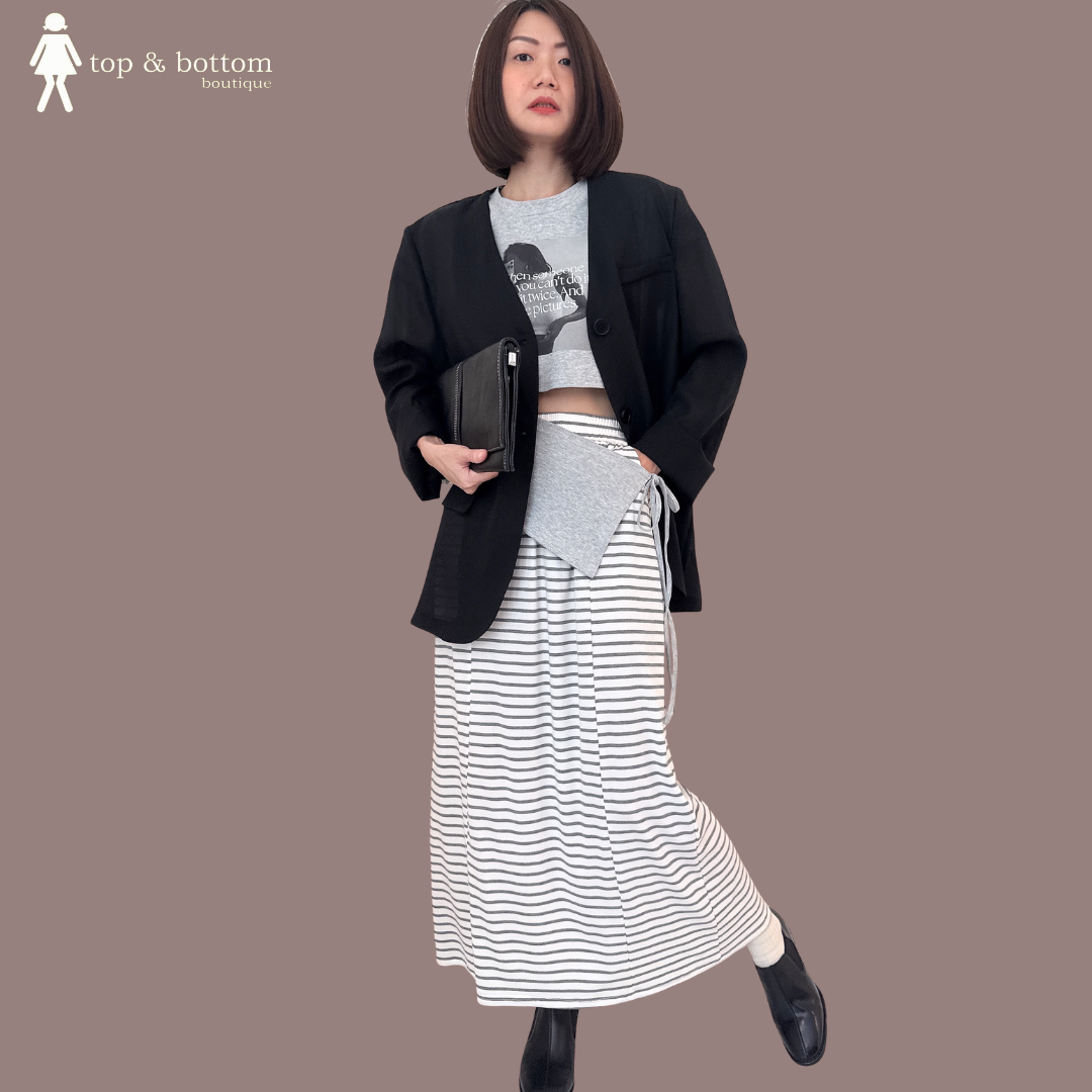 PRINTED TEE & STRIPED PENCIL SKIRT SET SUIT