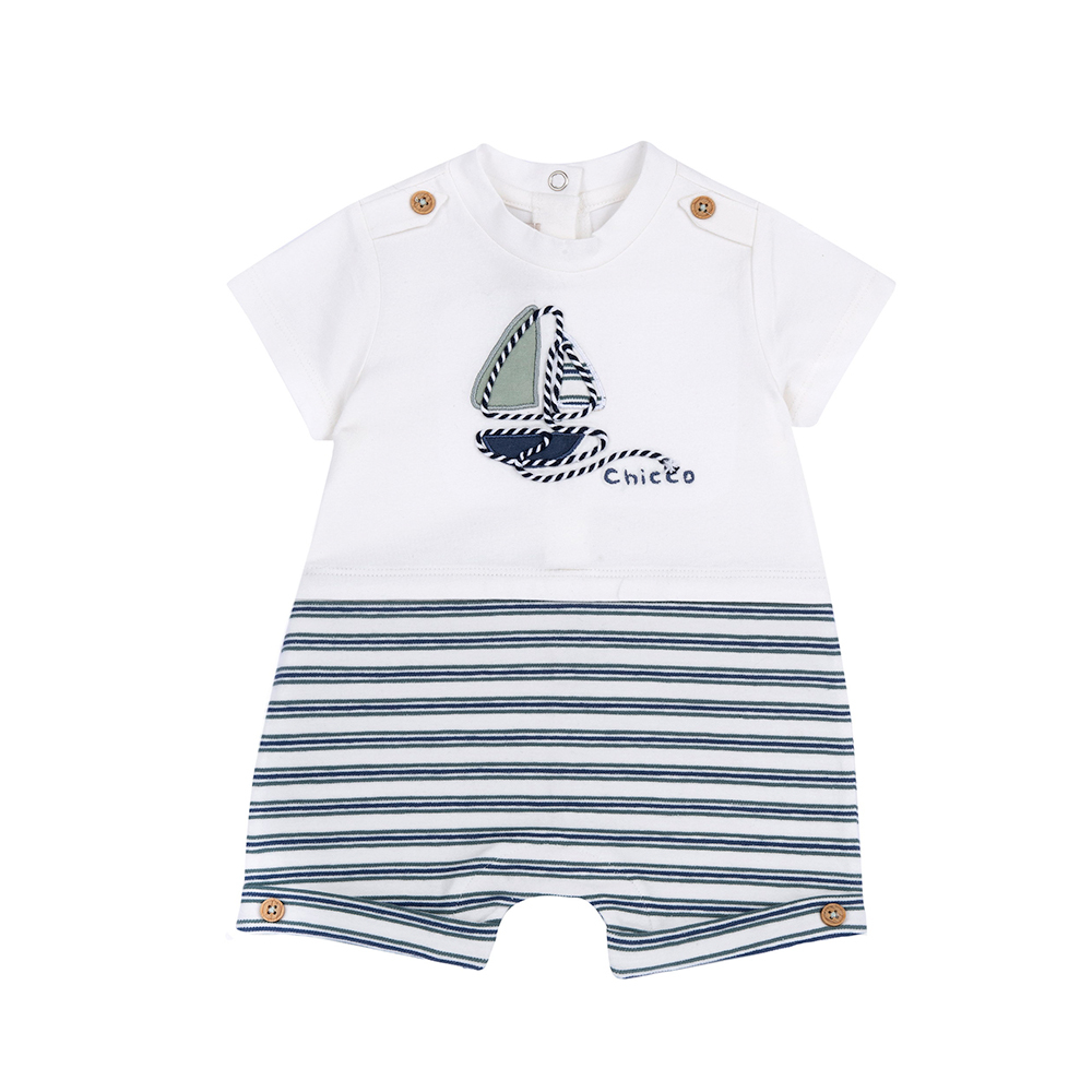 海洋帆船季-剪接條紋繡圖短袖兔裝