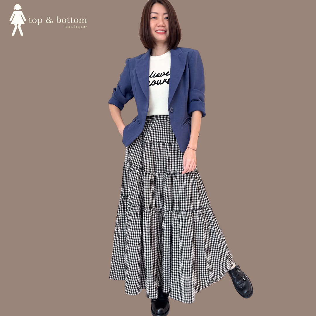 ELASTIC WAISTED CHECKED LONG SKIRT
