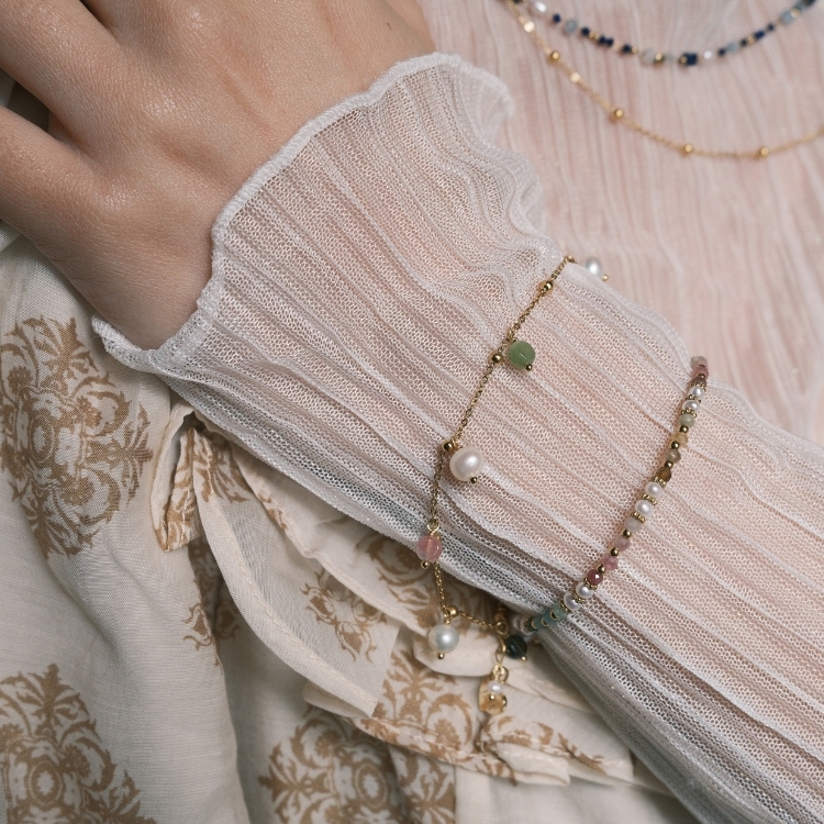 彩色碧璽×天然珍珠手鍊 人緣放大 靈動活潑版 鈦鋼手鍊