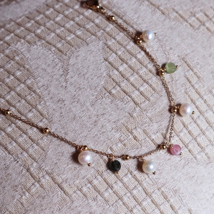 彩色碧璽×天然珍珠手鍊 人緣放大 靈動活潑版 鈦鋼手鍊