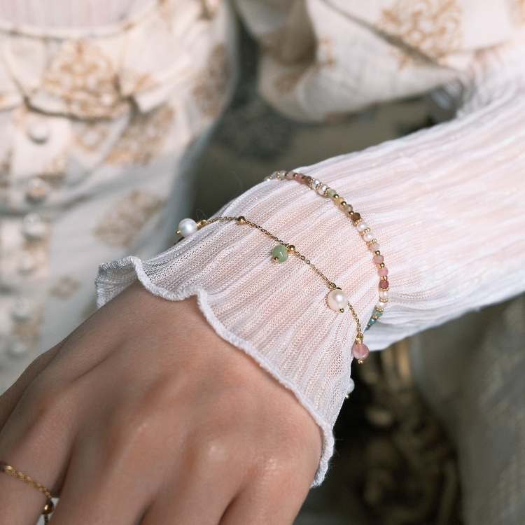 彩色碧璽×天然珍珠手鍊 人緣穩定 細串日常版 鈦鋼手鍊