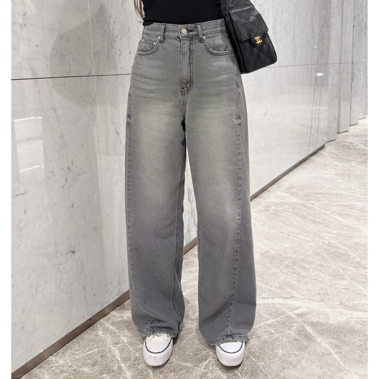 ［預購］🔥04.15春夏新品］💥必收！跩跩歐膩家］🇰🇷正韓高腰超美刷色牛仔黑寬褲（SML）