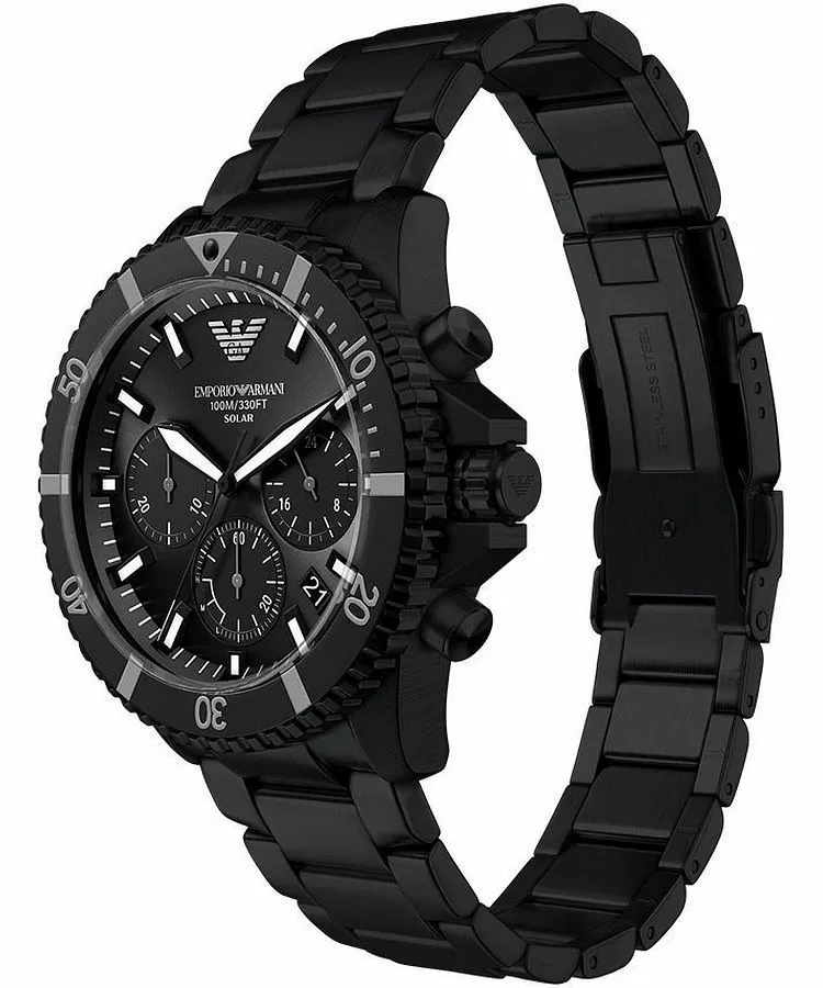 萬年鐘錶 - ARMANI  亞曼尼 精品腕錶 太陽能探險家全黑款三眼不鏽鋼男錶 AR11784 錶徑43MM