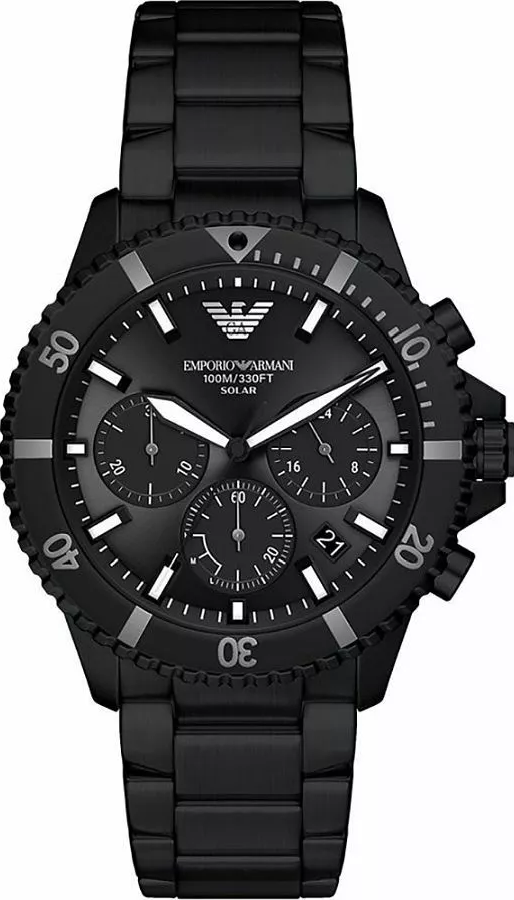 萬年鐘錶 - ARMANI  亞曼尼 精品腕錶 太陽能探險家全黑款三眼不鏽鋼男錶 AR11784 錶徑43MM