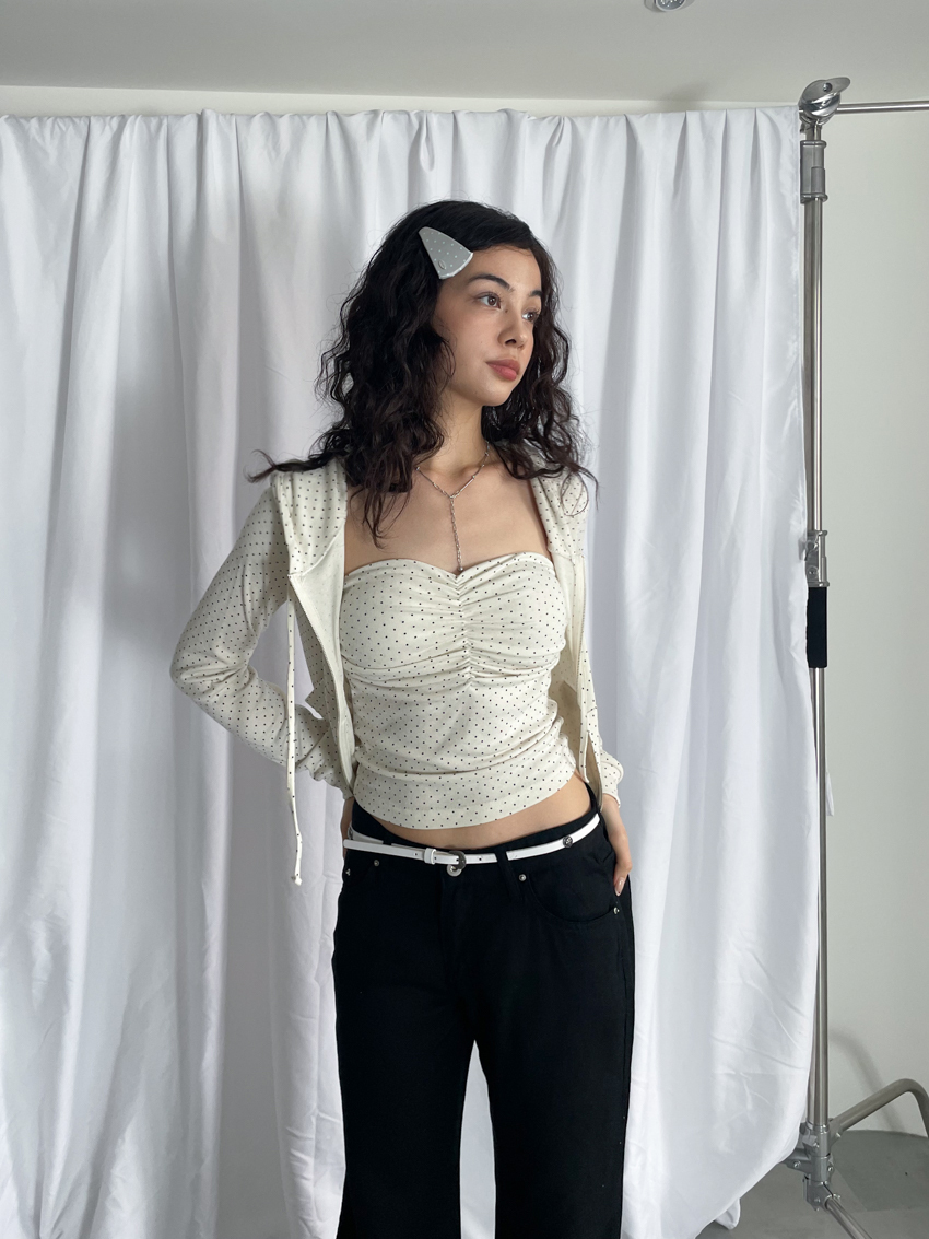 polka dot drawstring hoodie & ruched tube bratop set