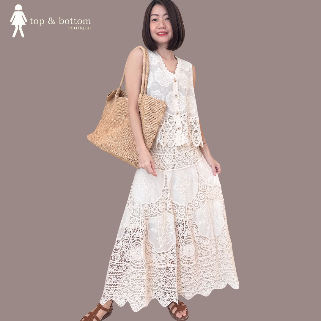SLEEVELESS CROCHET BUTTON BLOUSE WITH LONG SKIRT SET SUIT