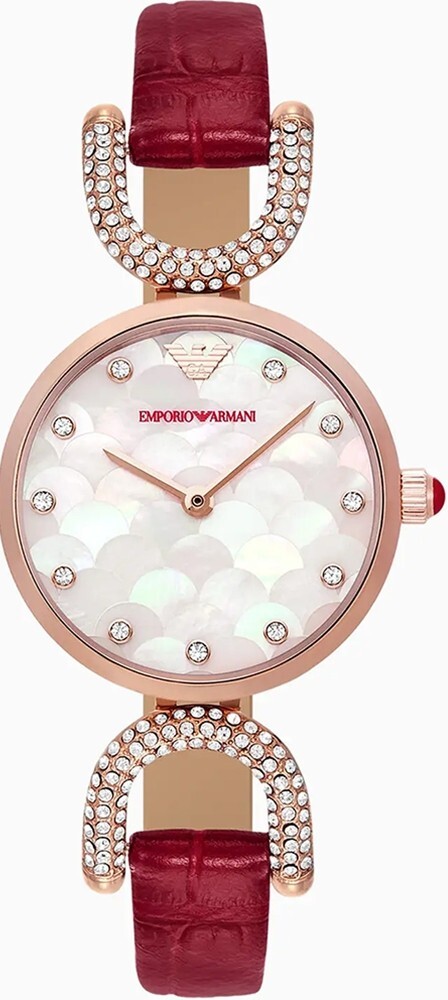 萬年鐘錶 - ARMANI  珍珠貝晶鑽紅色皮革錶帶女錶 AR11737  錶徑28MM