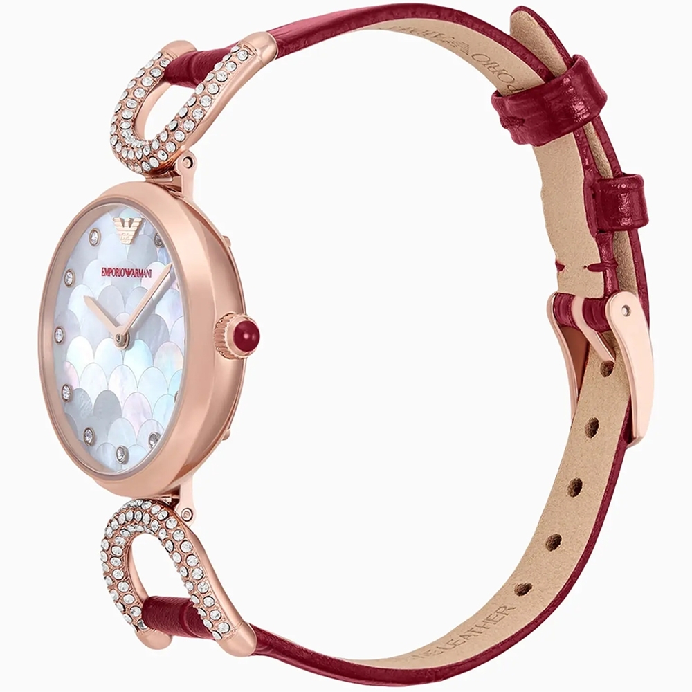 萬年鐘錶 - ARMANI  珍珠貝晶鑽紅色皮革錶帶女錶 AR11737  錶徑28MM