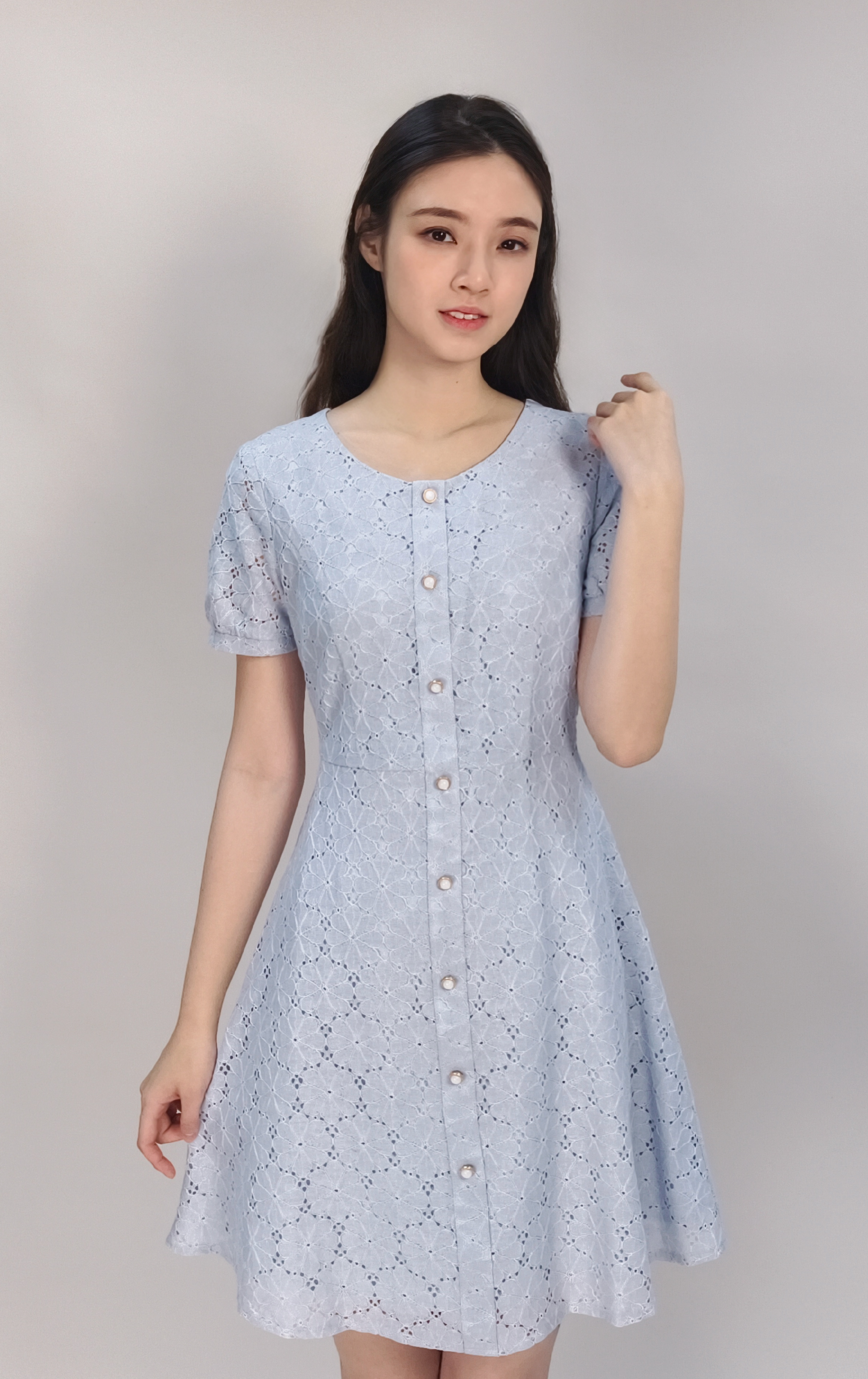 花紋蕾絲排扣連身裙 OP0656