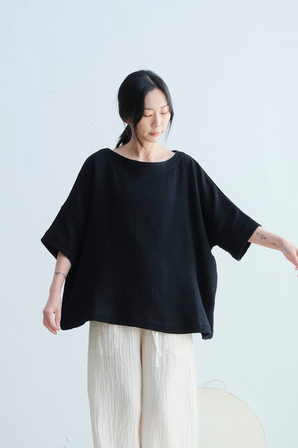 船領中性上衣 / 三層紗 黑