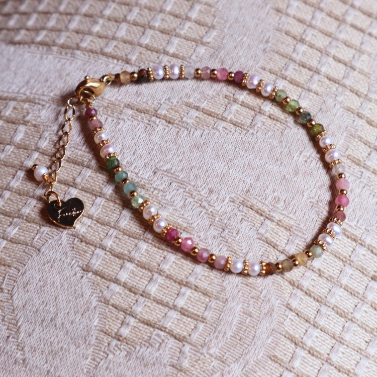 彩色碧璽×天然珍珠手鍊 人緣穩定 細串日常版 鈦鋼手鍊