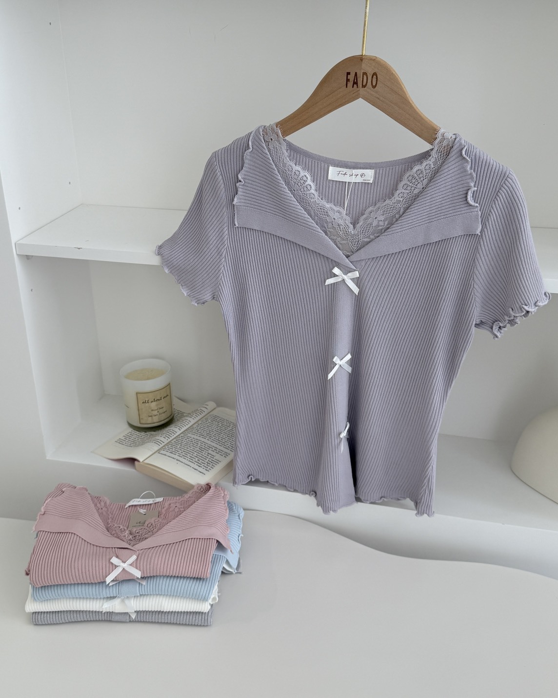 法朵Fado shop｜微甜蕾絲蝴蝶結針織上衣 0115004 五色