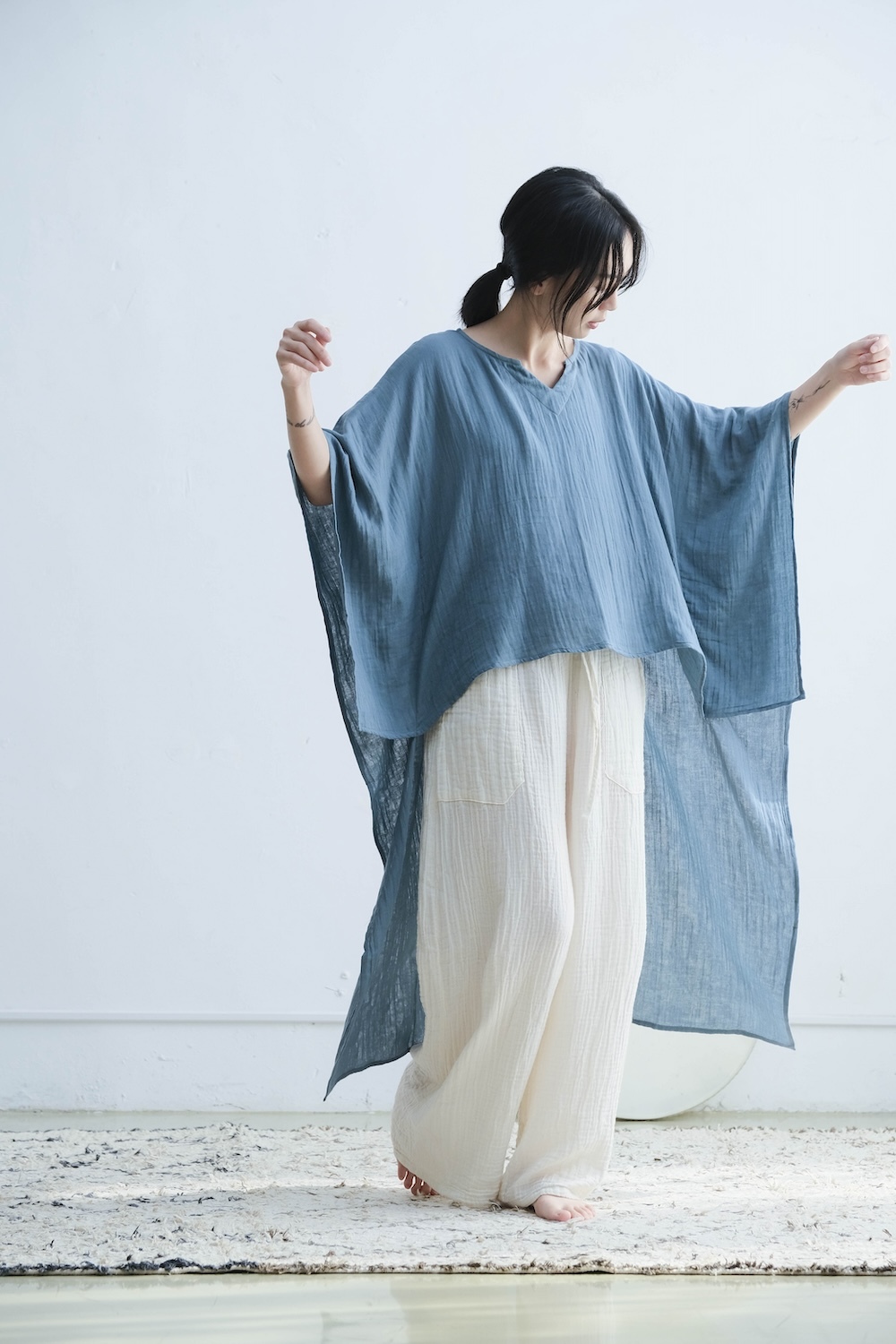 前短後長寬版洋裝上衣 / 雙層紗 藍綠