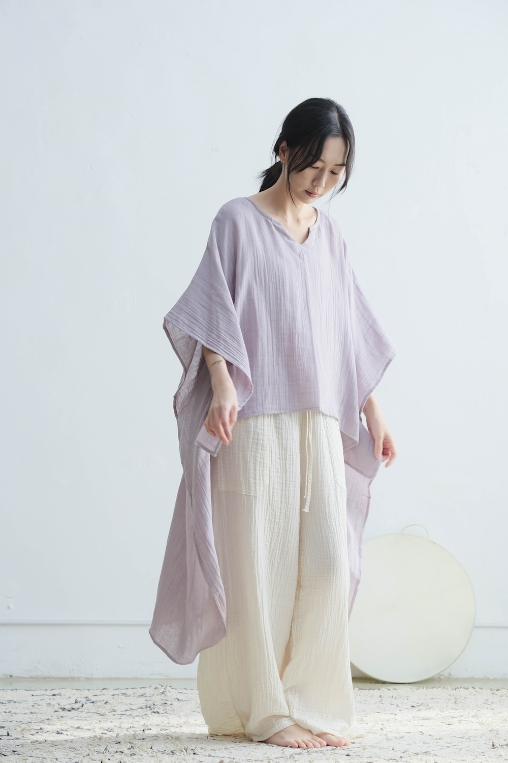 前短後長寬版洋裝上衣 / 雙層紗 淡灰紫