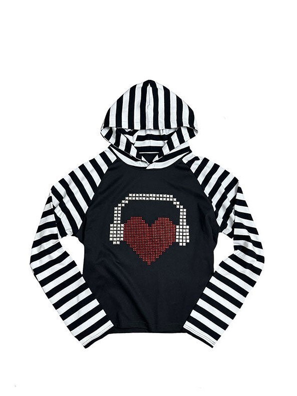 ArtByTastybabe 鉚釘愛心耳機 黑白條紋 連帽長袖T
