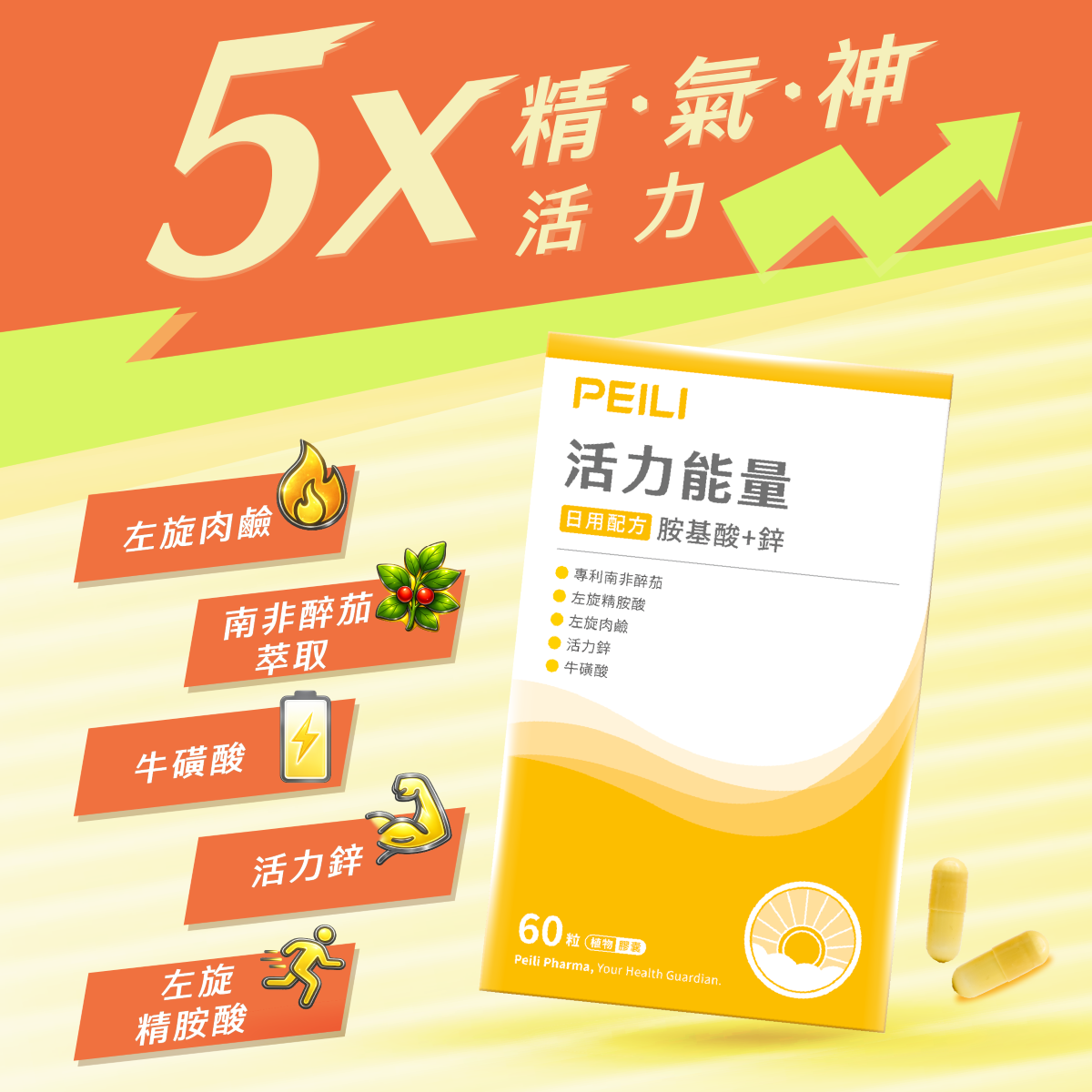 左旋肉鹼,南非醉茄,左旋精胺酸,牛磺酸,鋅,精氣神