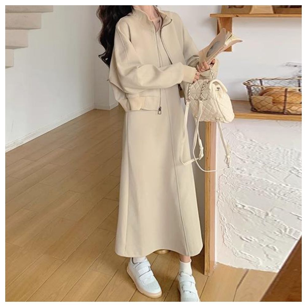 【ASister 小姊姊】AS1240#洋裝/套裝☆立領棒球外套+無袖圓領連身裙(杏色 M-5XL)