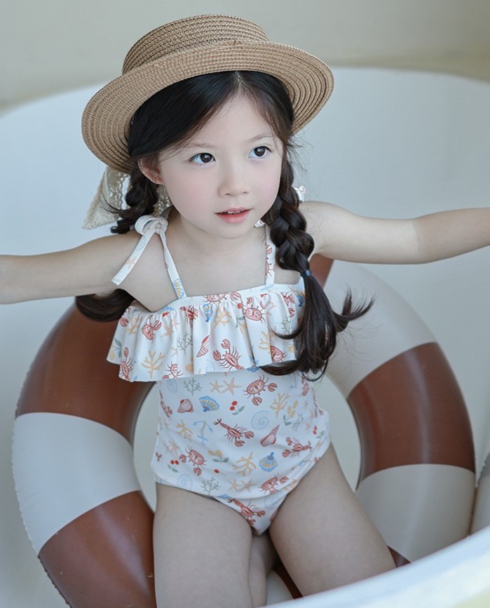 甜美荷葉邊綁帶連身泳衣