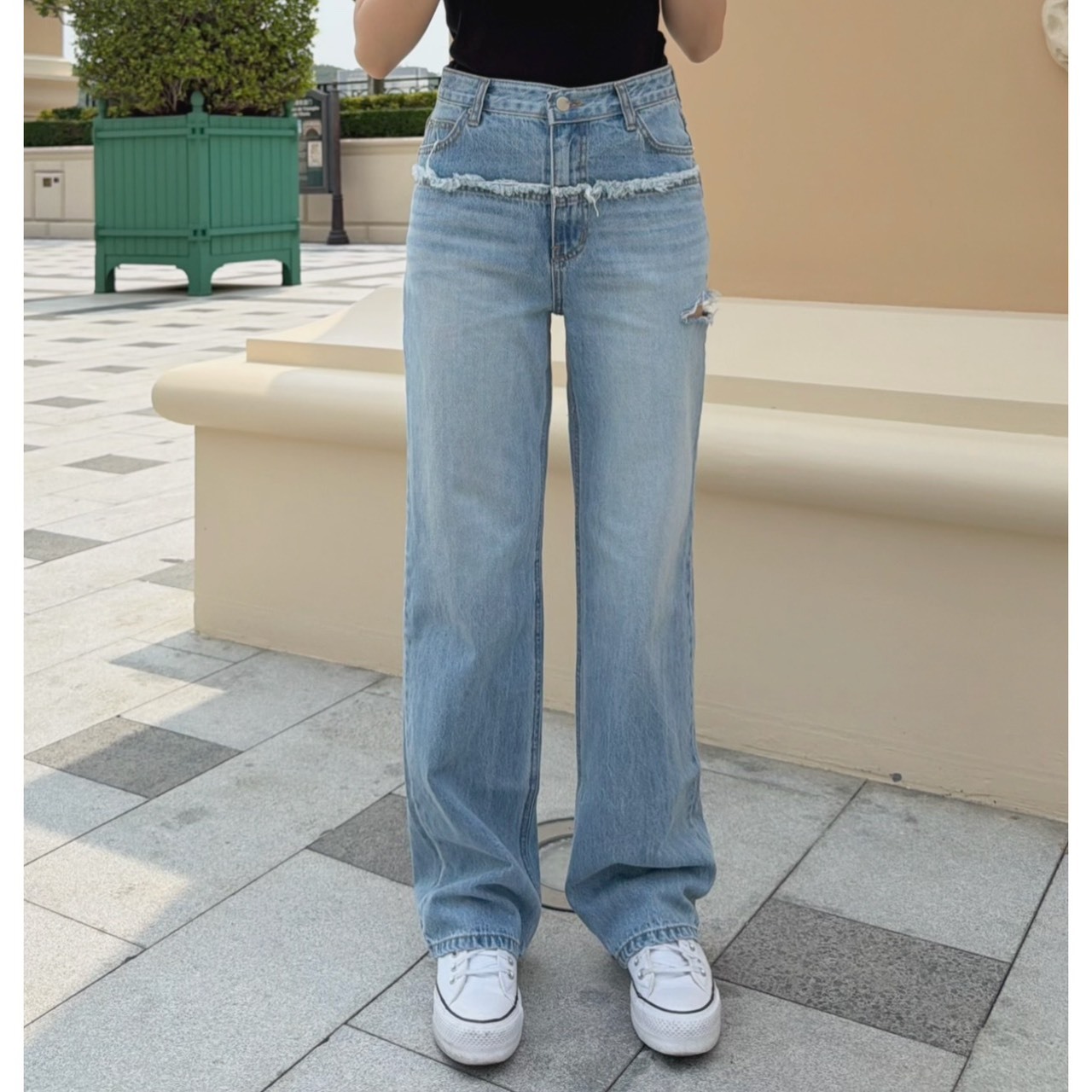 ［預購］🔥04.15春夏新品］💥-7kg瘦瘦褲～闆娘自留款］🇰🇷正韓高腰手工拼接側割破直筒牛仔褲（SM）