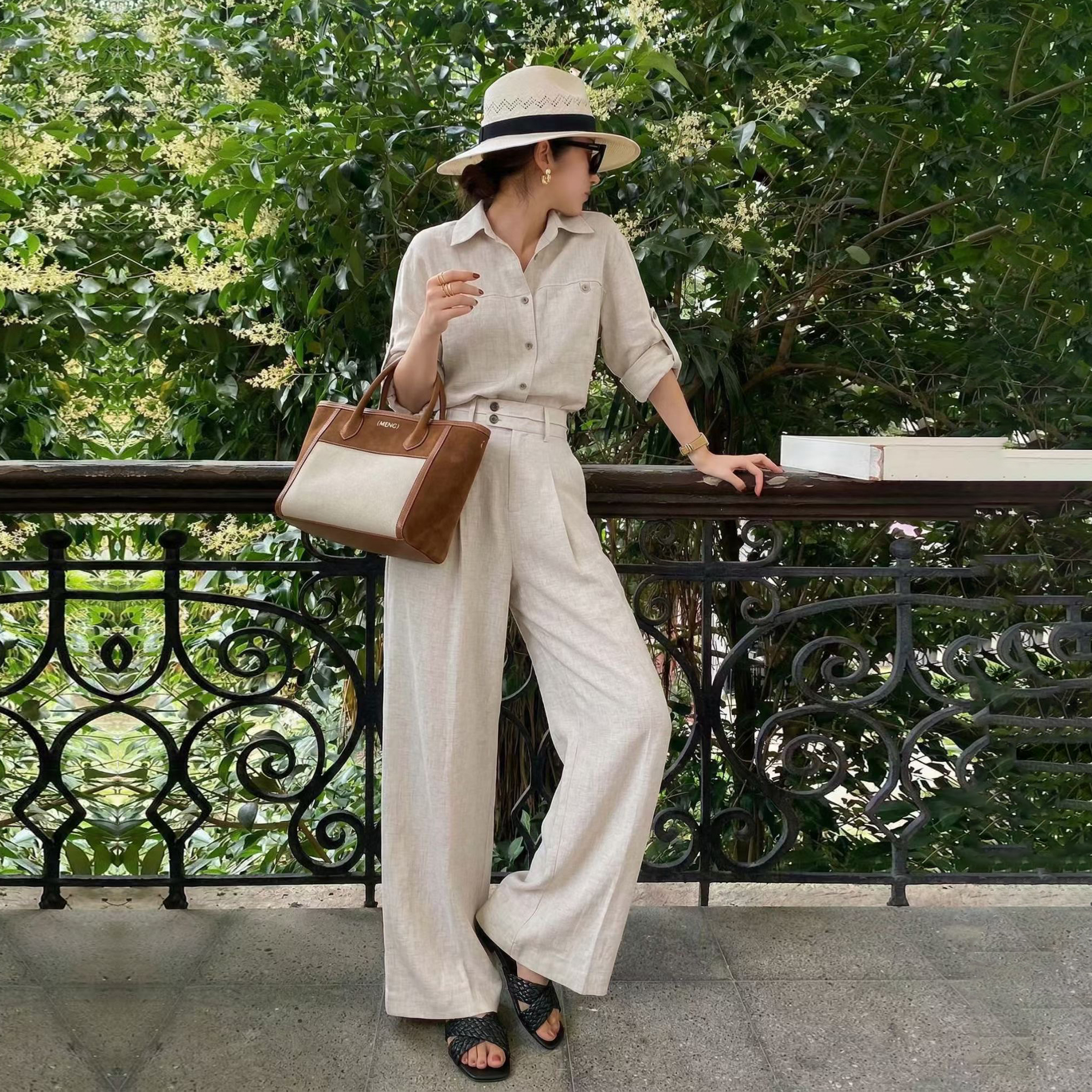 奶油杏排扣翻領棉麻襯衫+雙釦長褲SET-S-L (Elegant & Love)