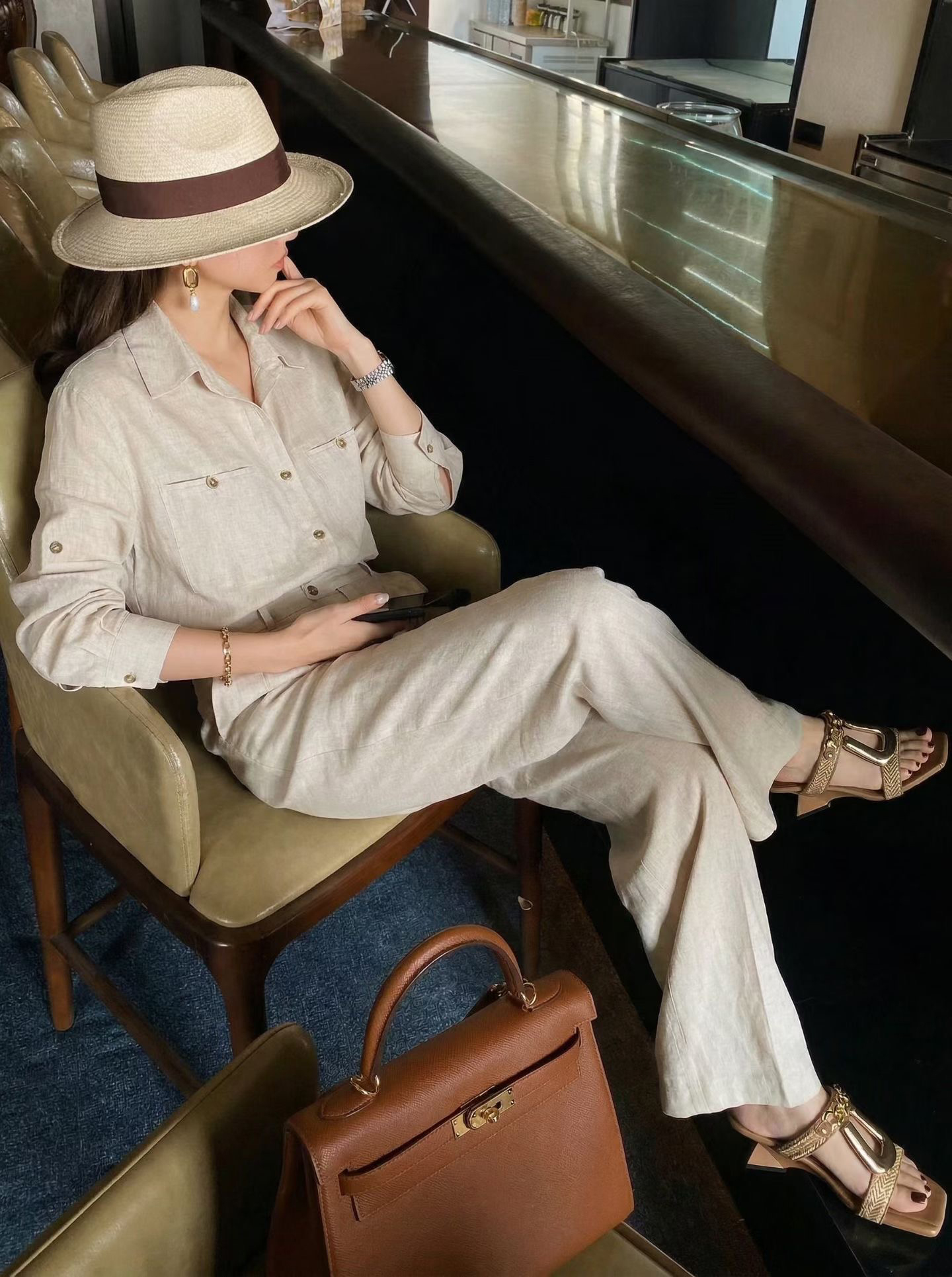 奶油杏排扣翻領棉麻襯衫+雙釦長褲SET-S-L (Elegant & Love)