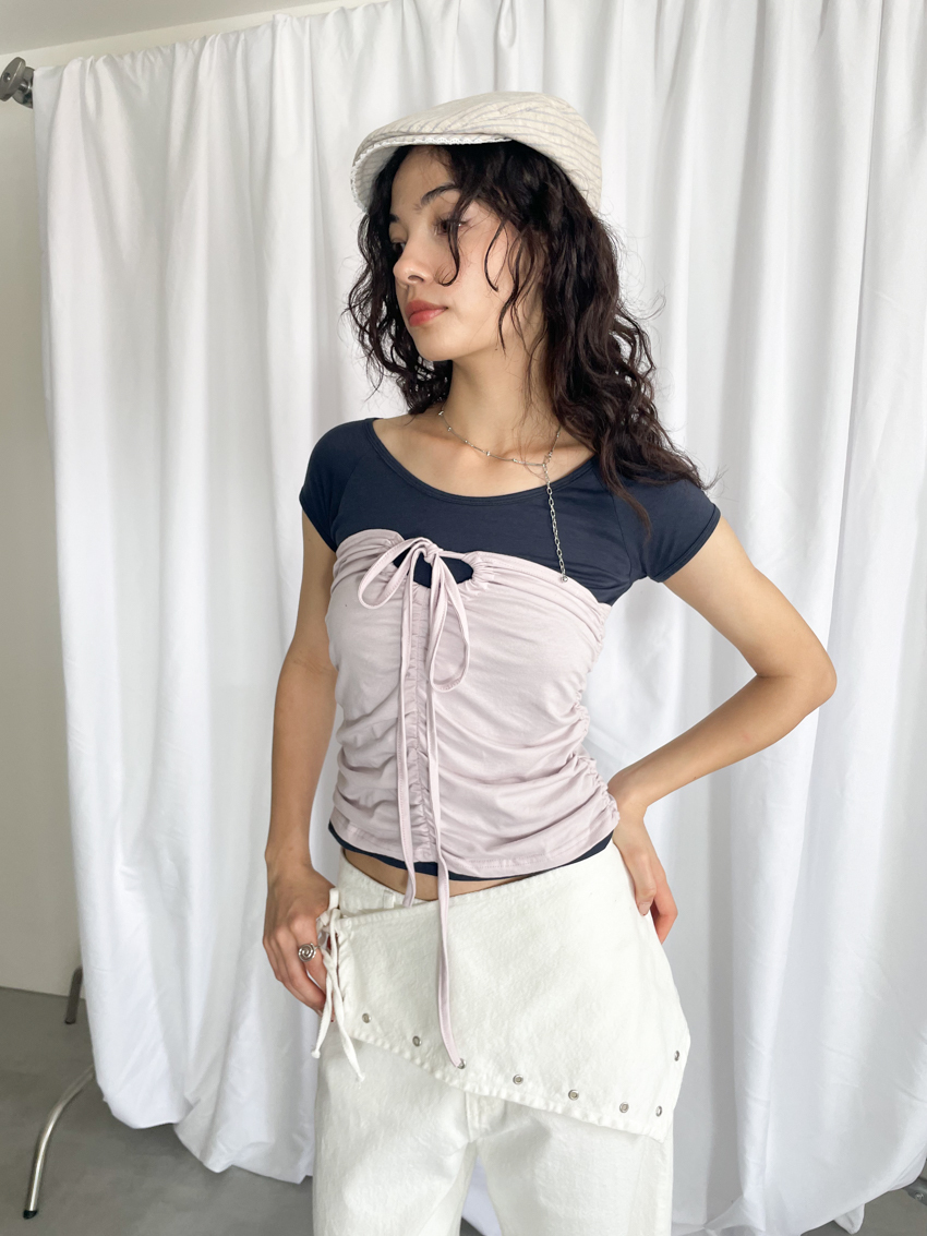 contrast wide-neck ruched tie cami set