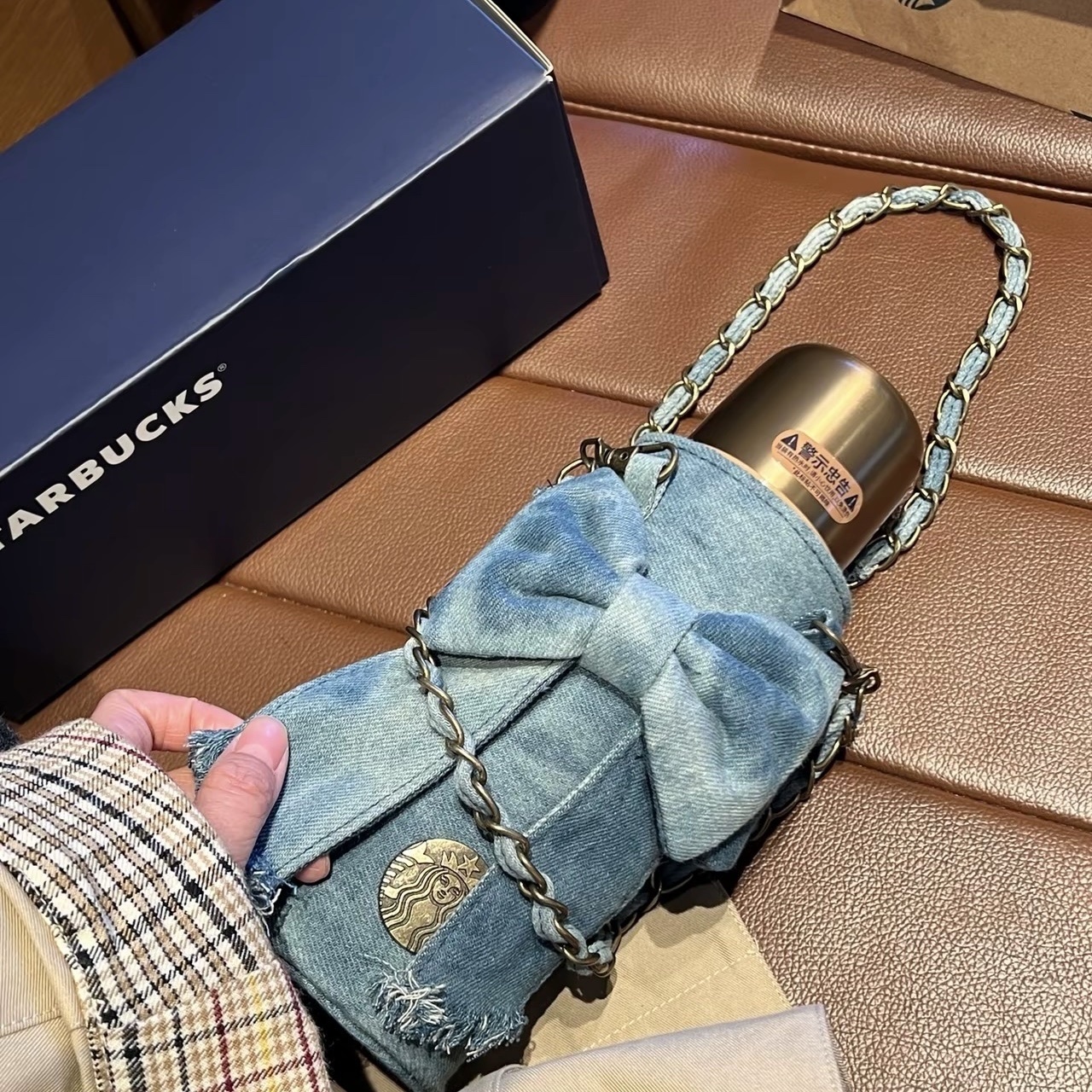 STARBUCKS 星巴克 復古蝴蝶結 牛仔單寧星咖系列 不鏽鋼隨行杯 附金屬鍊條杯套