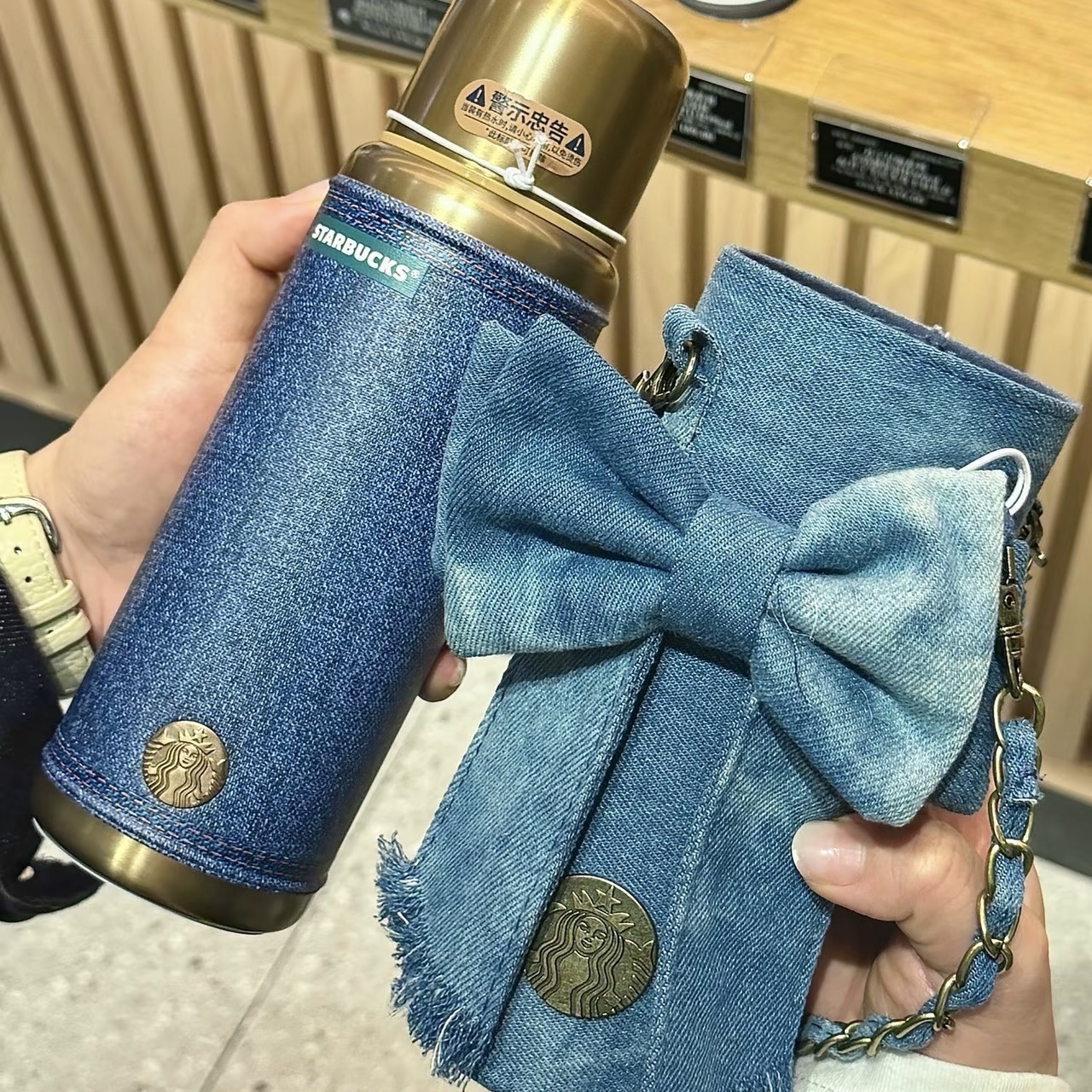 STARBUCKS 星巴克 復古蝴蝶結 牛仔單寧星咖系列 不鏽鋼隨行杯 附金屬鍊條杯套